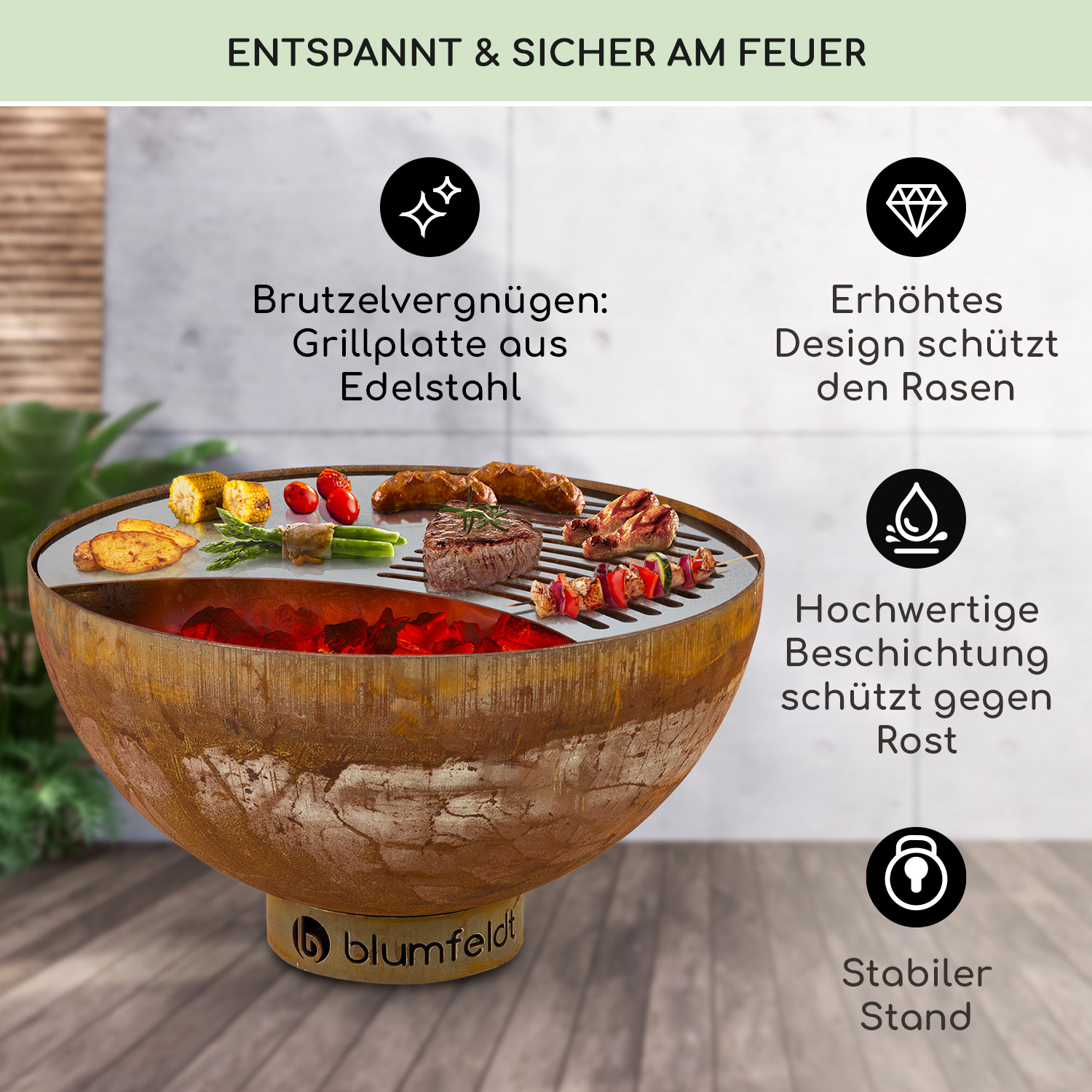 Ein rostiger Feuerkorb mit Essen, das auf einem Grill zubereitet wird. Text auf Deutsch beschreibt Merkmale.