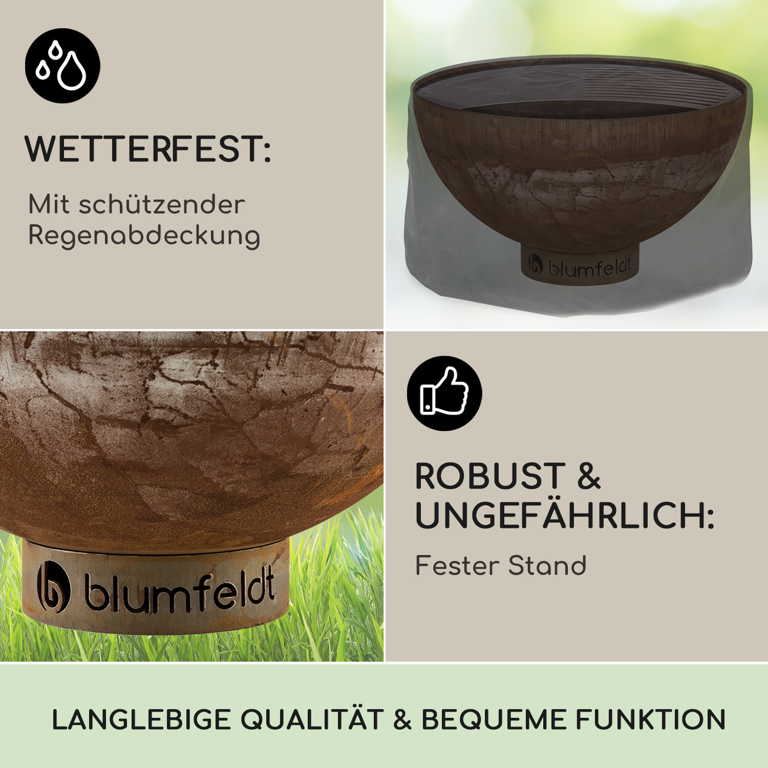 Metall-Feuerstelle mit Text zu Wetterfestigkeit und Robustheit. Die Grube steht auf Gras.