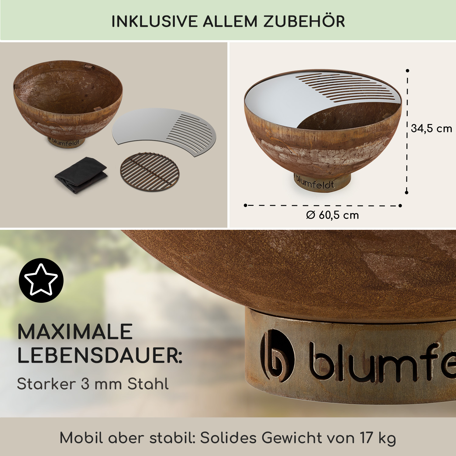 Rostige Metall-Feuerstelle mit Zubehör. Text: 'MAXIMALE LEBENSDAUER'. Abmessungen sind angegeben.