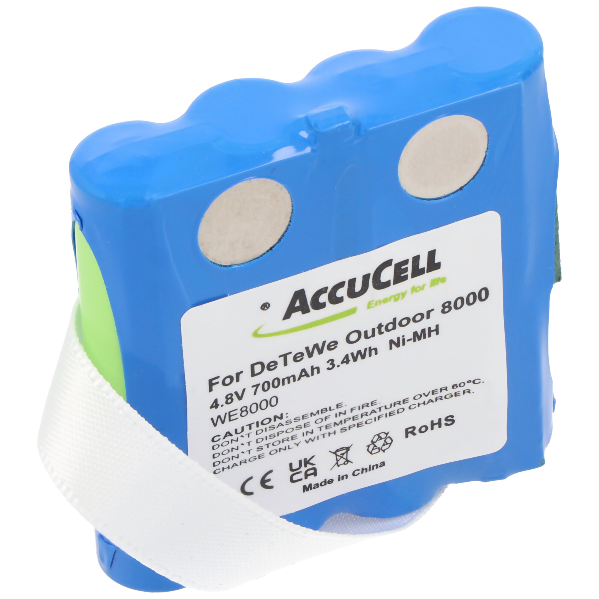 Blaues Akku-Pack mit weißem Aufkleber und Text. "AccuCell" und "Energy for life" sichtbar.