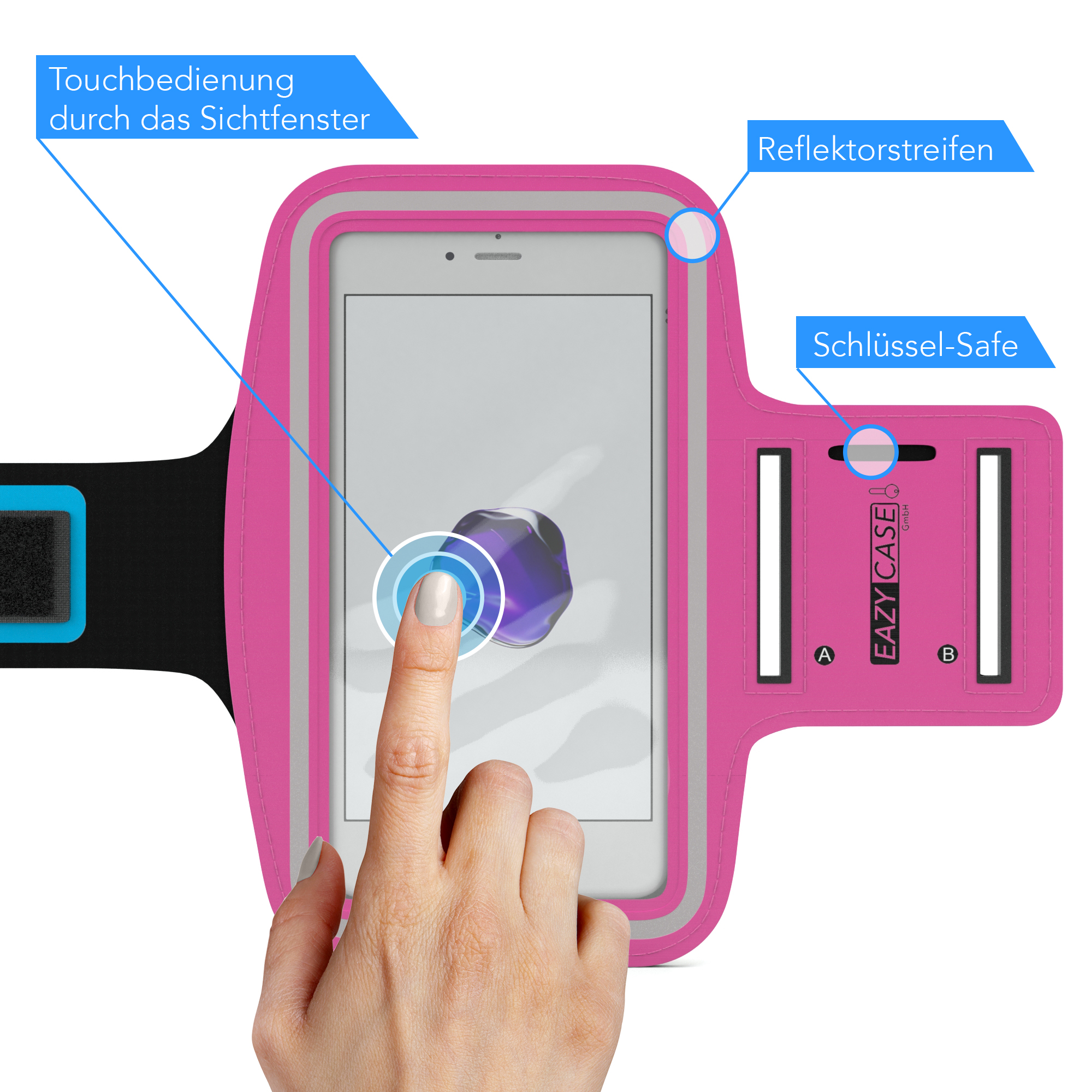 Die Hand einer Person berührt einen Smartphone-Bildschirm in einer rosa Armbinde.