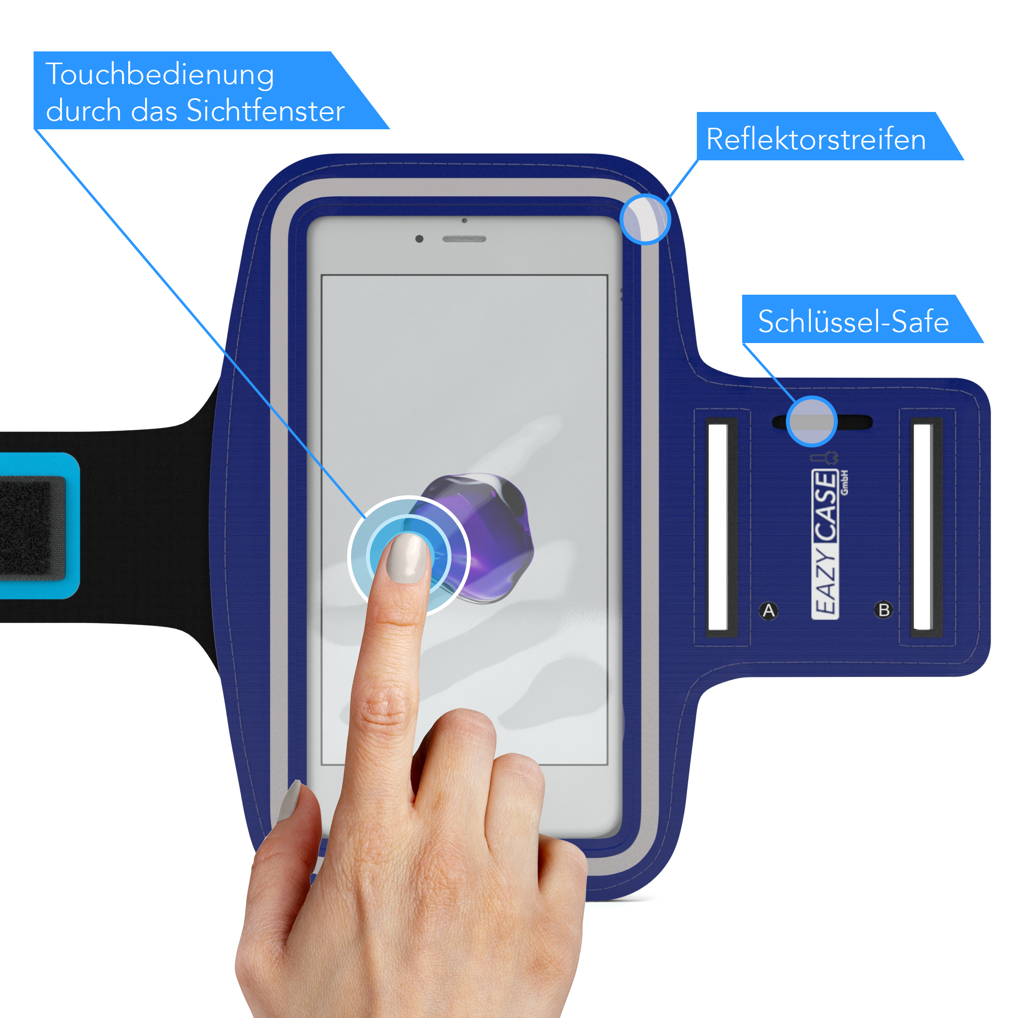 Blaues Armband mit Telefon. Ein Finger berührt den Bildschirm.