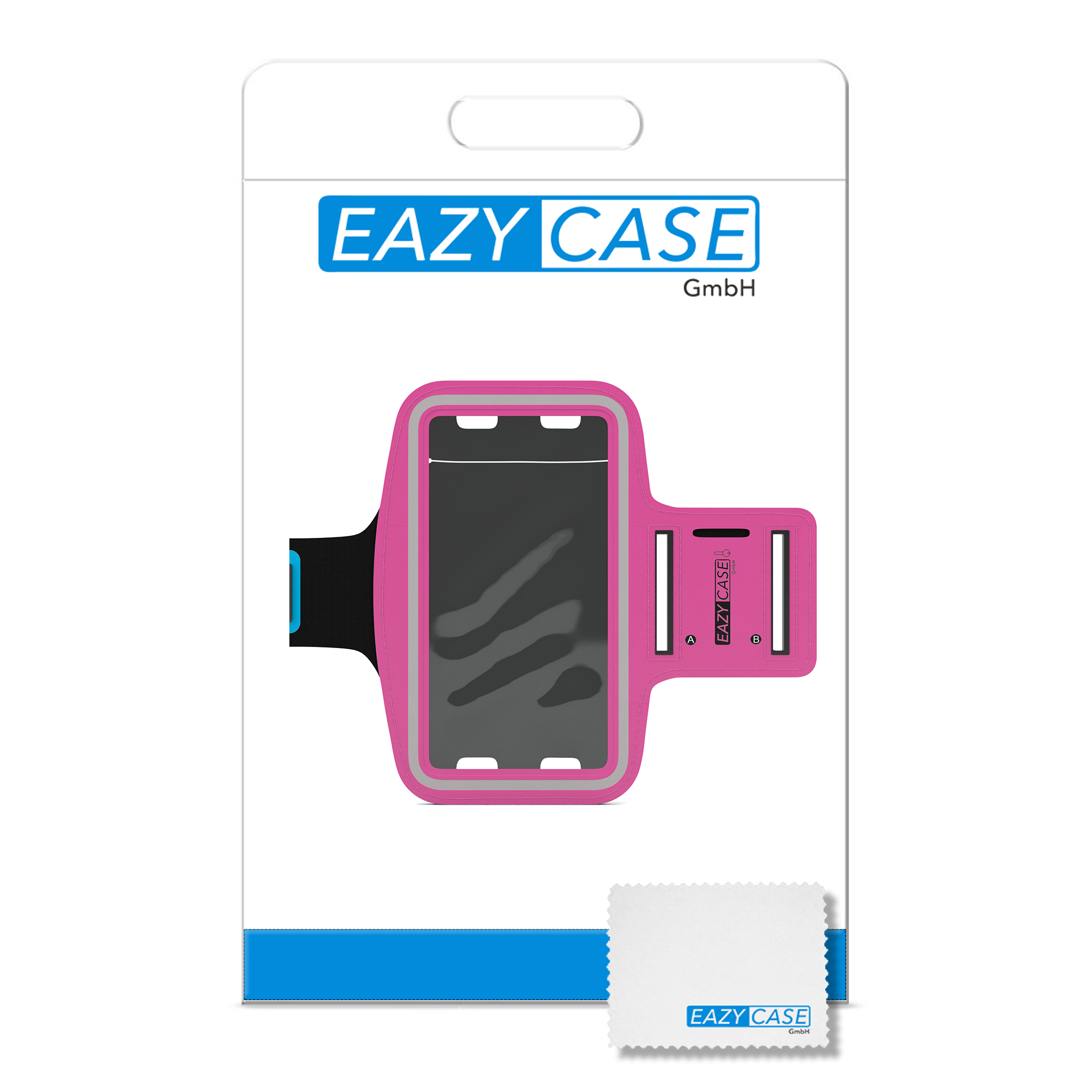Ein rosa Telefon-Armband in Verpackung, mit einem Reinigungstuch.