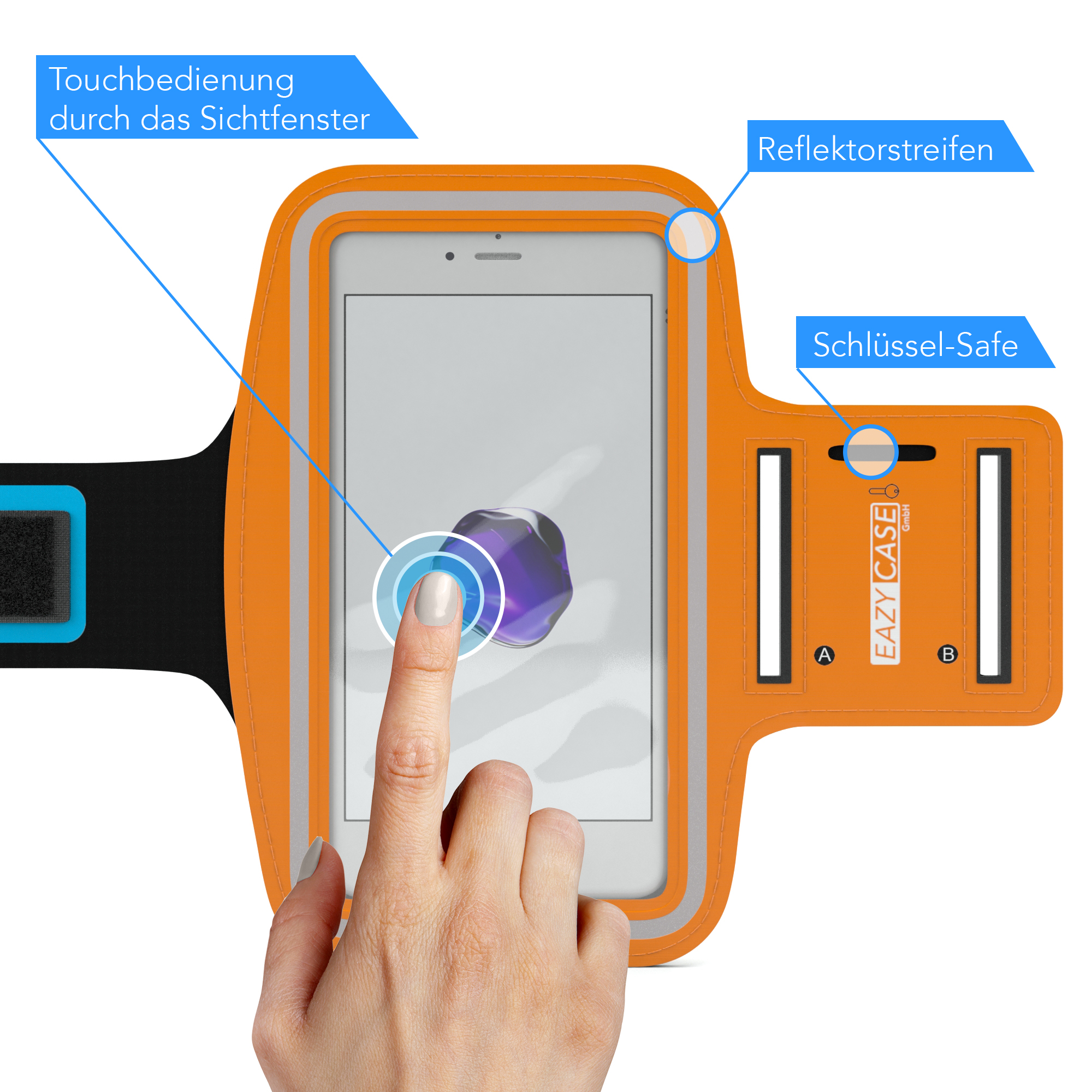 Ein orangefarbenes Armband mit einem Telefon darin. Ein Finger berührt den Bildschirm.