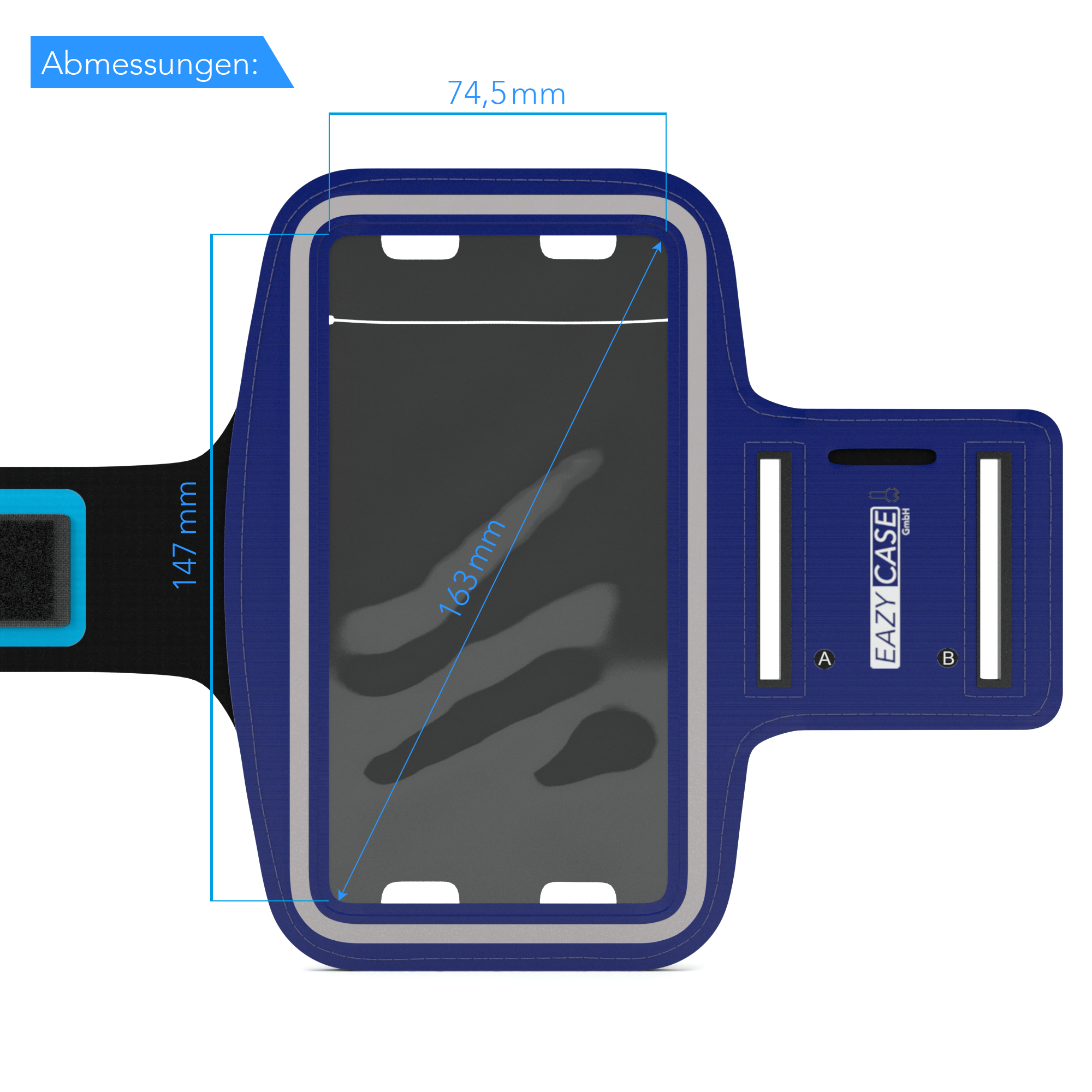 Blaues Telefon-Armband mit den Maßen: 147 mm, 163 mm und 74,5 mm. Telefon ist innen.