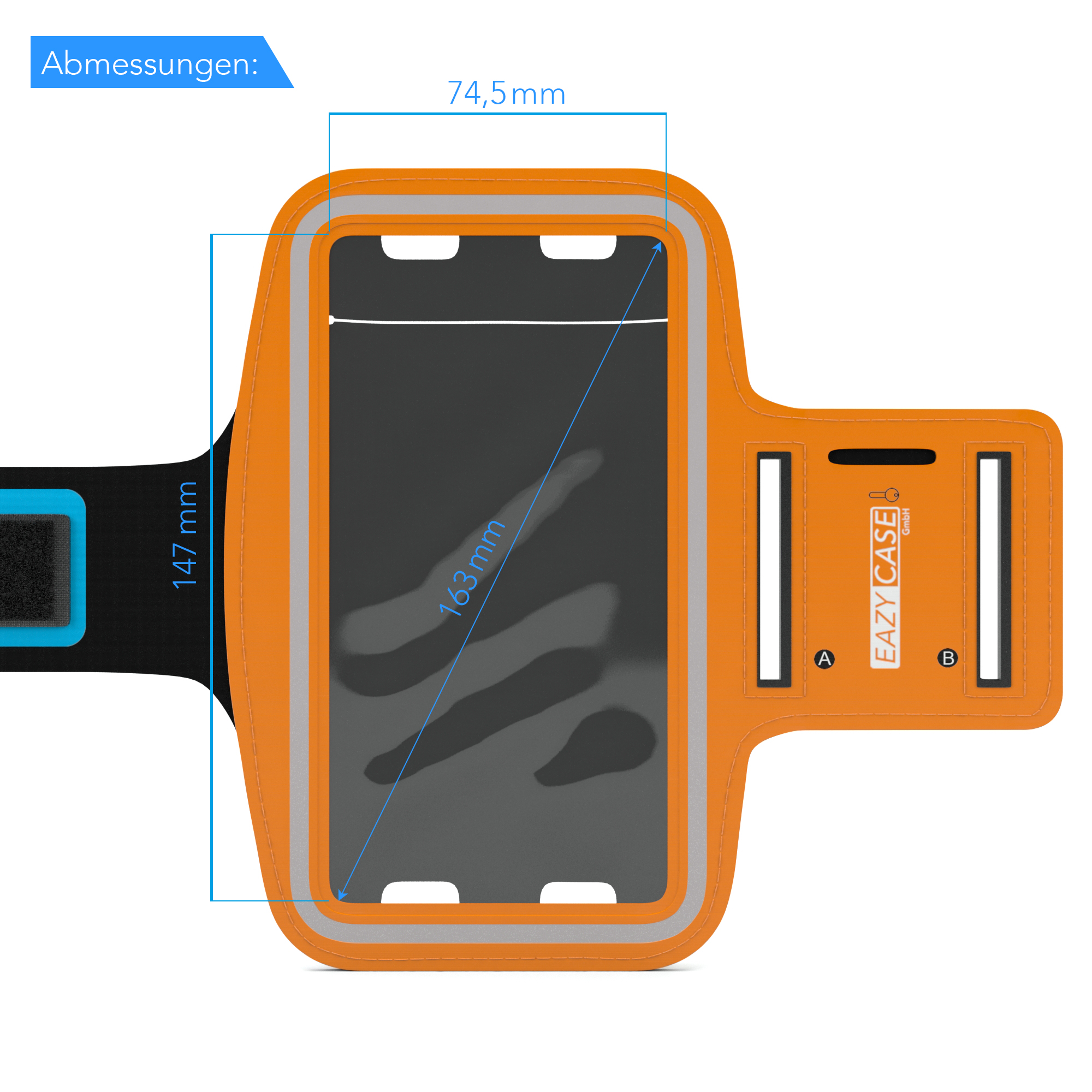 Orangener Telefon-Armband mit schwarzem Bildschirmbereich und Maßen in mm.