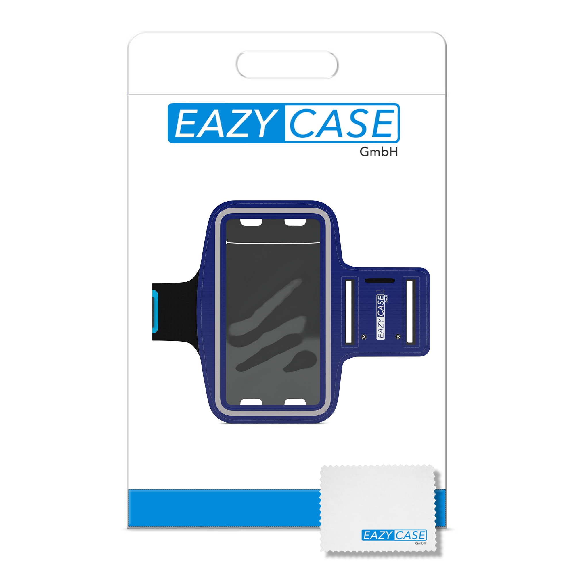 Blaues und schwarzes Armband für ein Telefon, mit einem Reinigungstuch. Weißer Hintergrund.