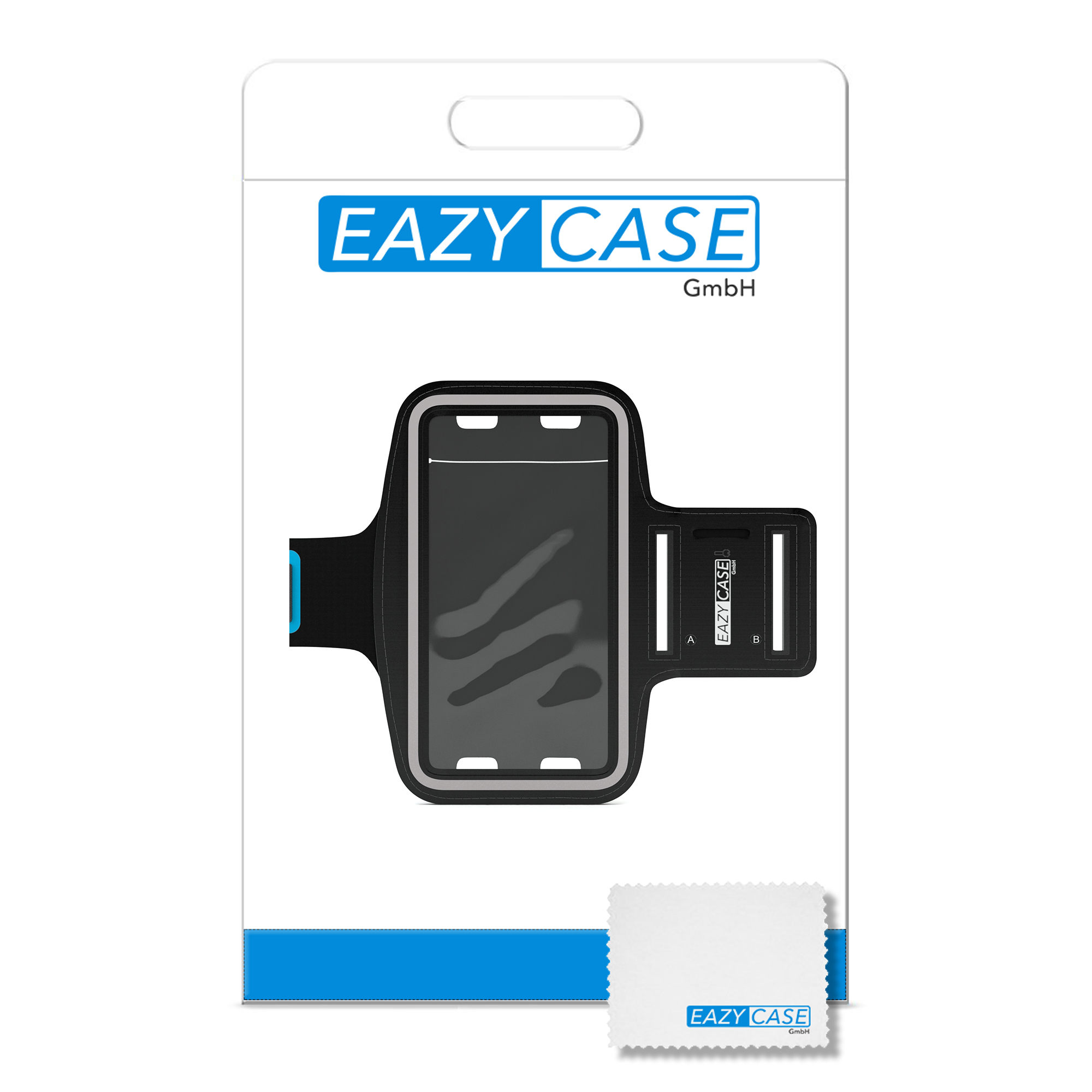 Armband mit Handyhalterung auf Verpackung. Schwarz-graues Gehäuse, blauer Akzent. Reinigungstuch enthalten.