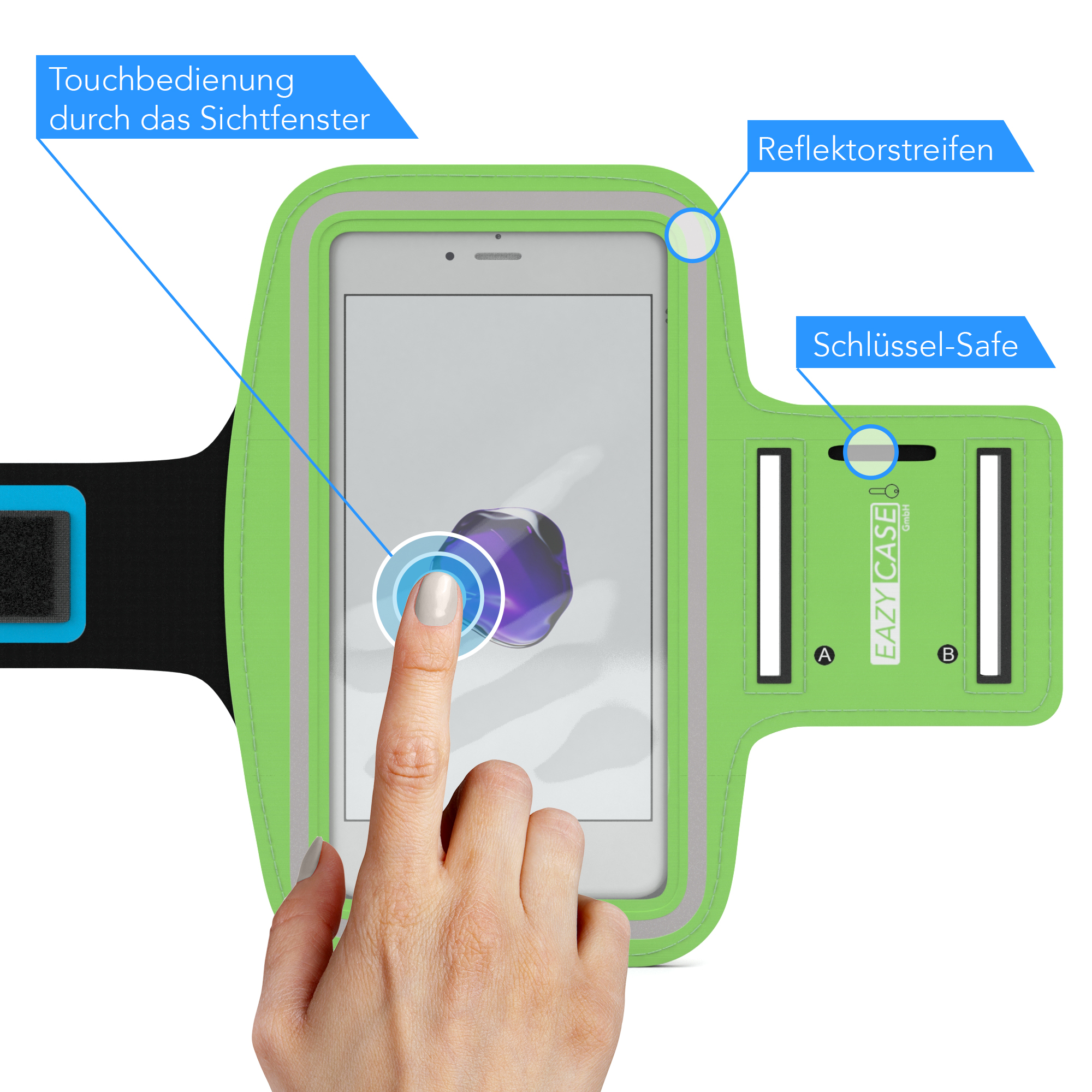 Eine Person berührt einen Telefonbildschirm in einem grün-schwarzen Armband.