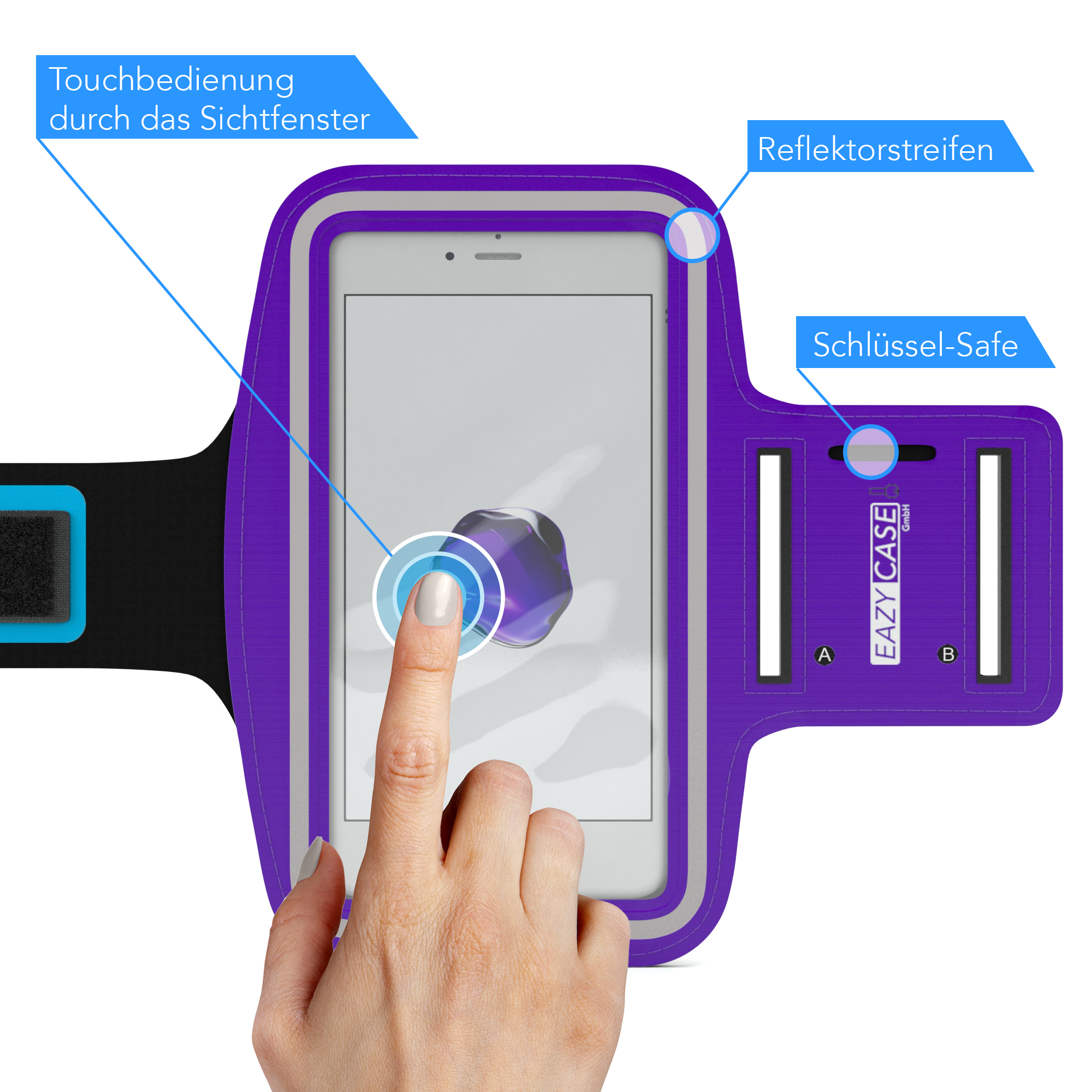 Ein lila Armband mit einem Telefon darin. Ein Finger berührt den Telefonbildschirm. Auf dem Armband steht 'EAZY CASE'.