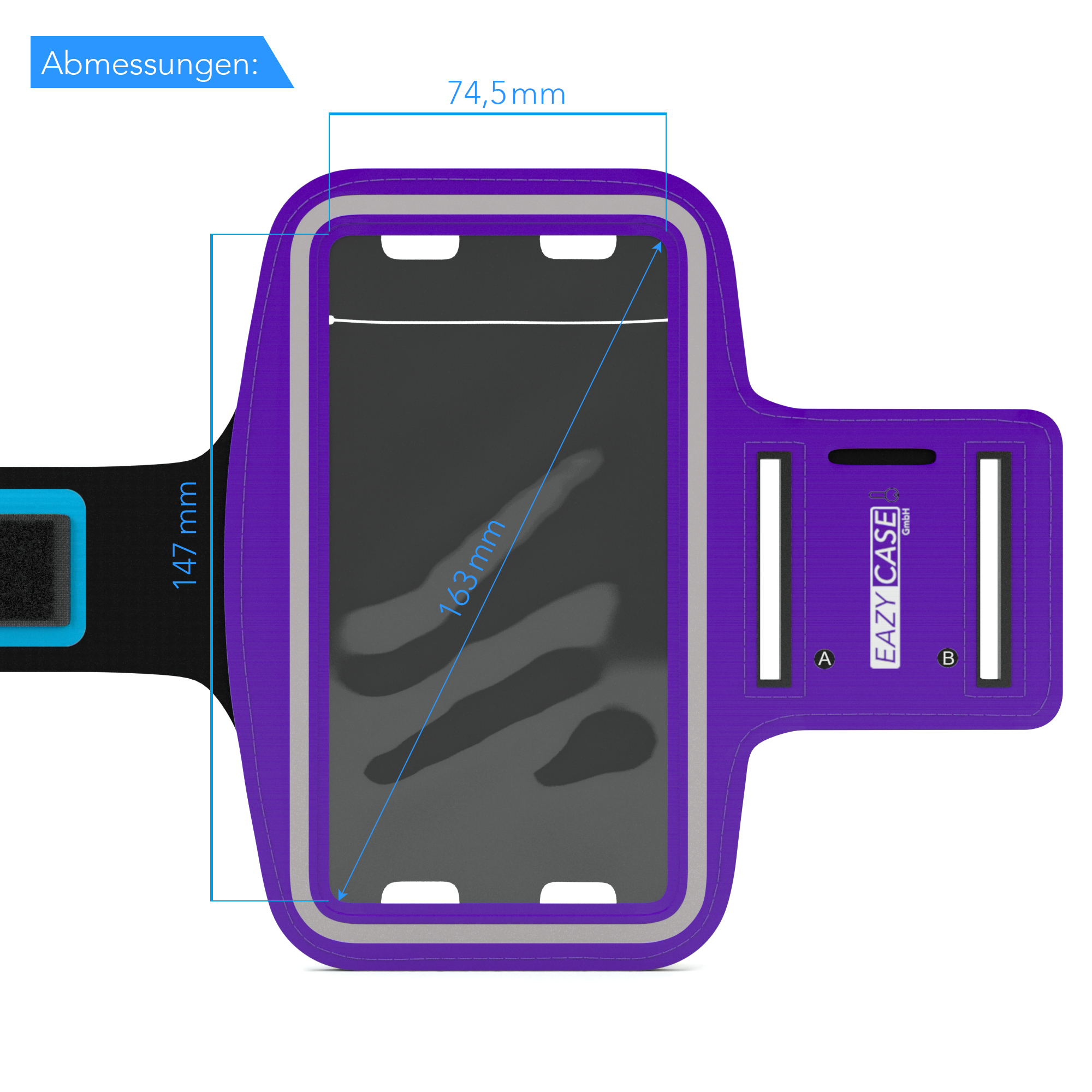 Lila Handy-Armband-Hülle mit Abmessungen von 147mm x 74,5mm x 163mm, schwarzem Riemen und Telefonfenster.