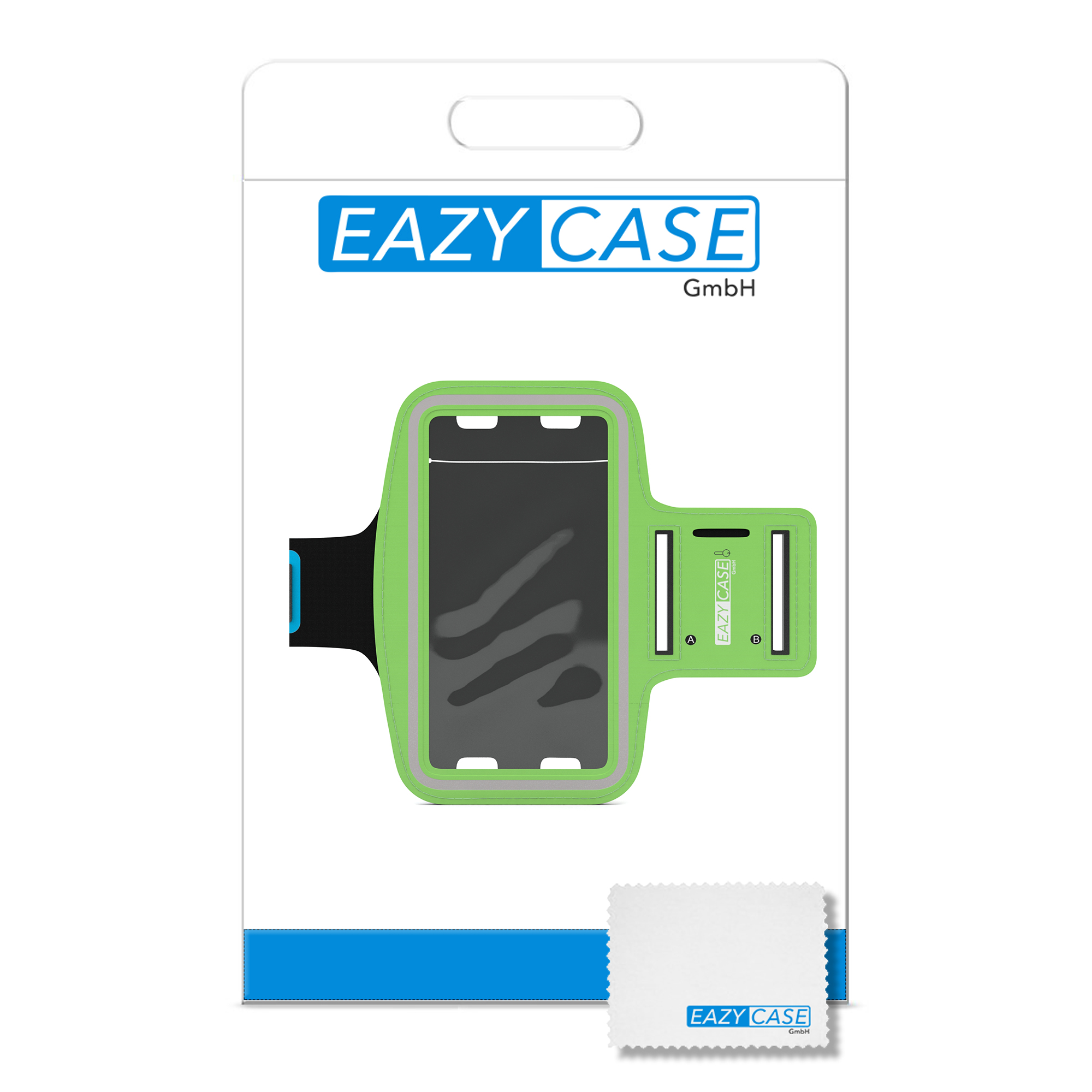 Armband für Telefone. Das Gehäuse ist grün und weiß, mit einem Reinigungstuch.