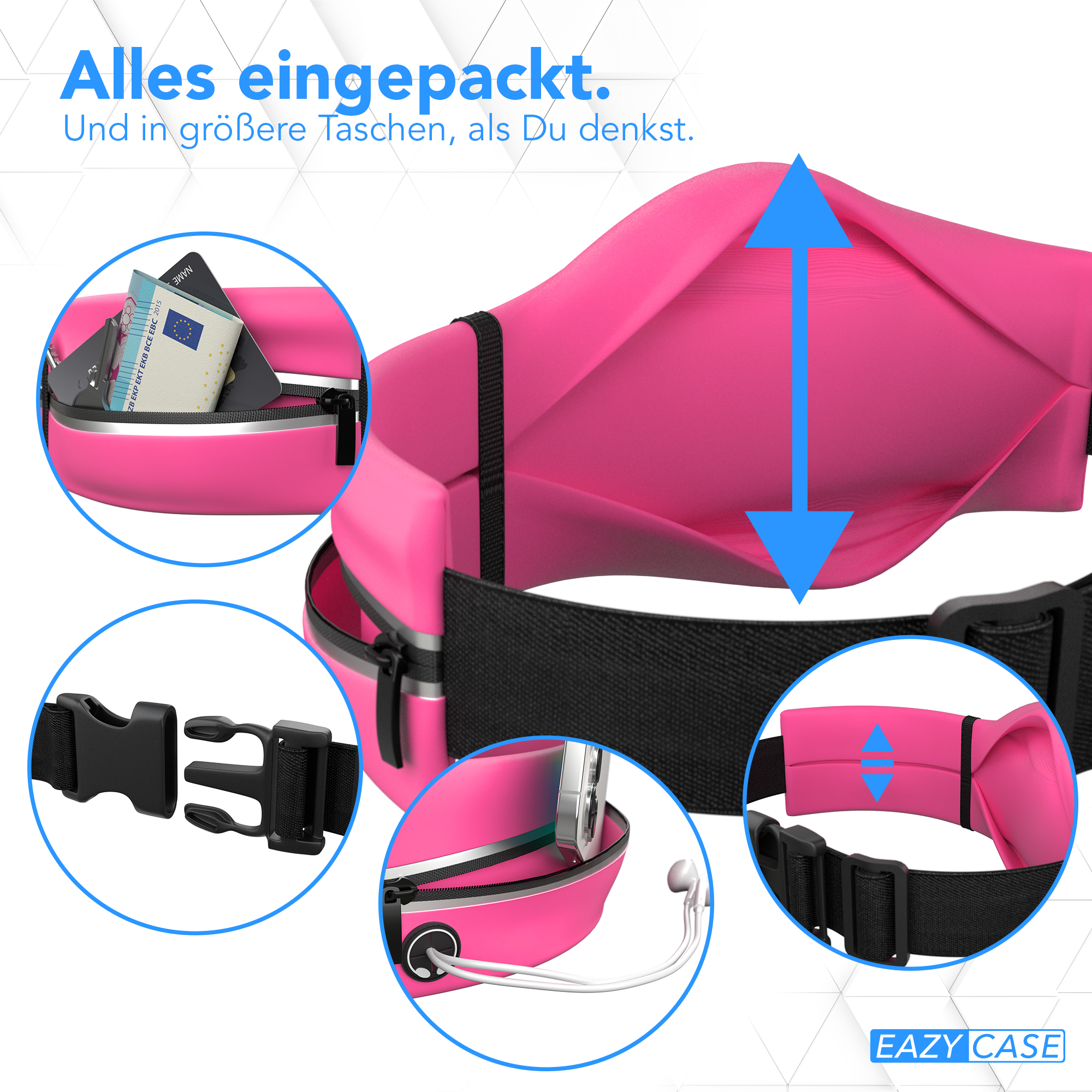 Pinke Bauchtasche mit schwarzem Riemen, Schnalle, Reißverschluss und Handytasche.