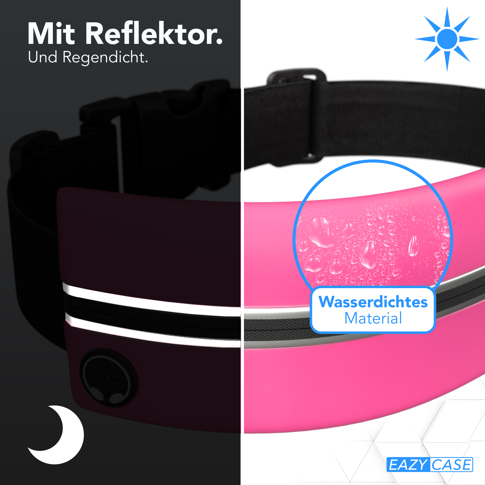 Pinker Laufgürtel. Er zeigt einen reflektierenden Streifen und Wasserfestigkeit.