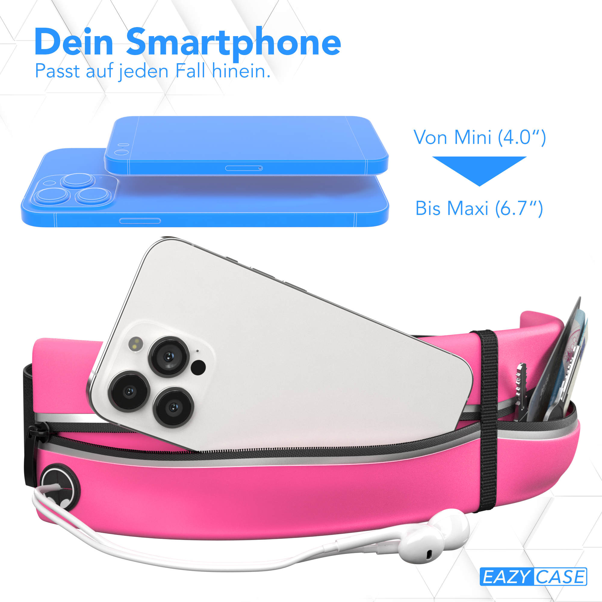 Rosa Handyhülle mit weißem Handy und weißen Ohrhörern. Text: Dein Smartphone, Von Mini bis Maxi.