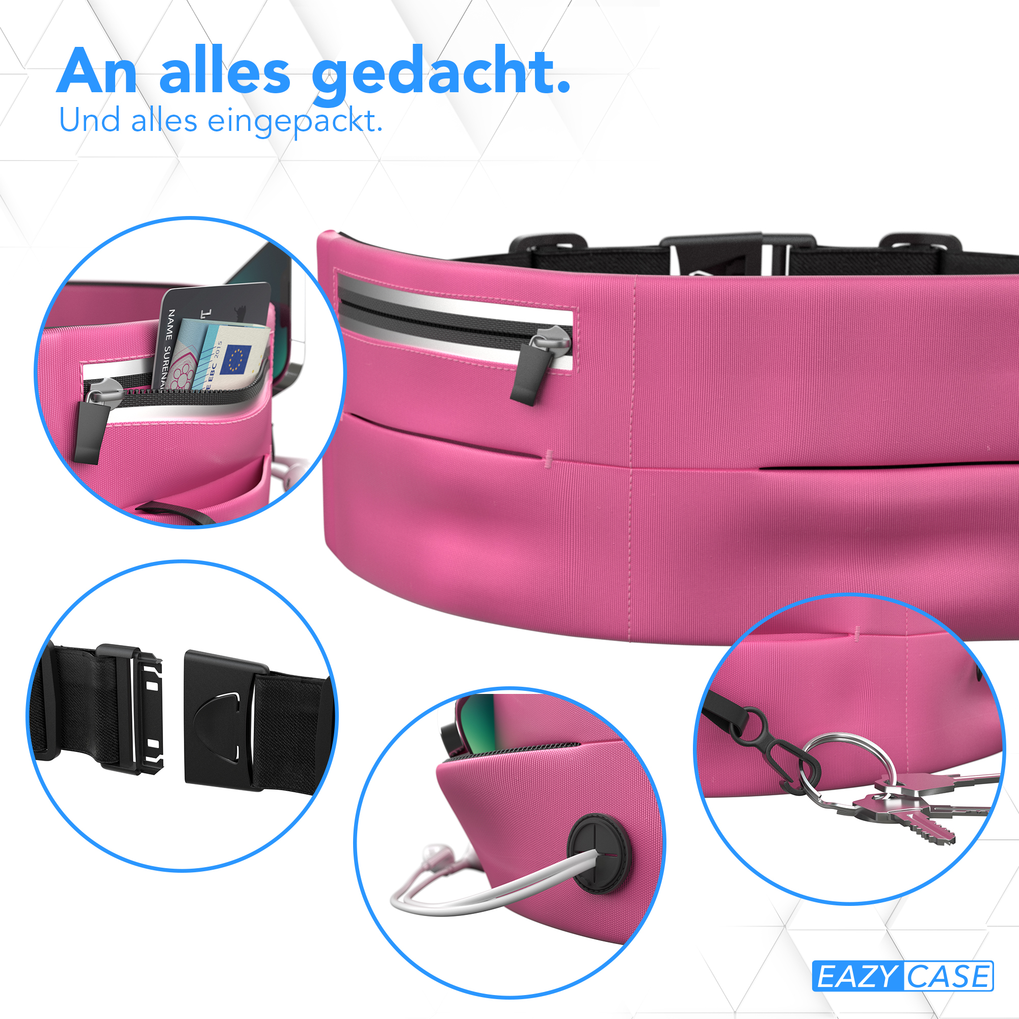 Pinke Bauchtasche mit Fächern, Reißverschluss, Schlüsselring und Ausweis.