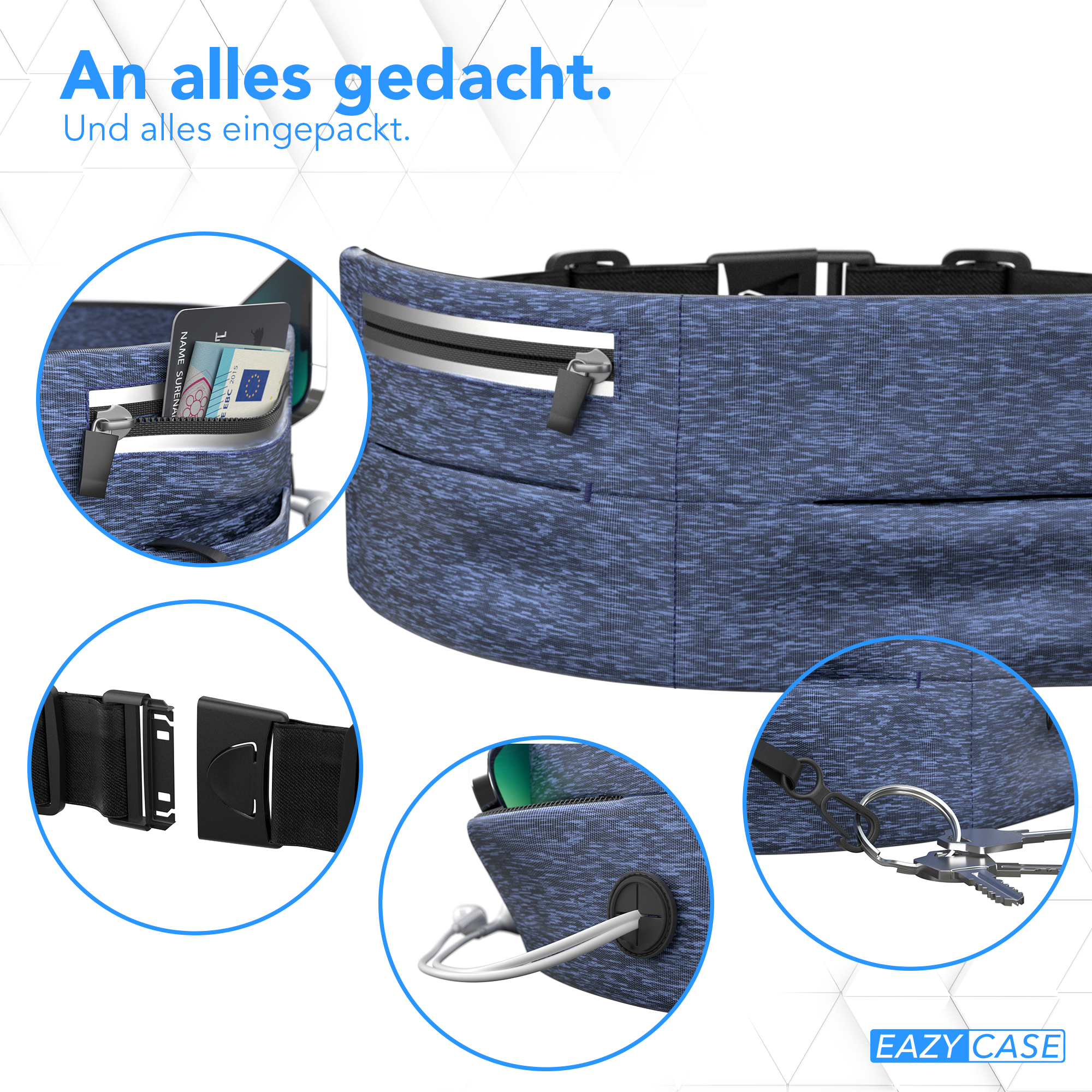 Eine grüne Bauchtasche mit mehreren Taschen, Reißverschlüssen und einem Schlüsselring, beschriftet 'EAZY CASE'.