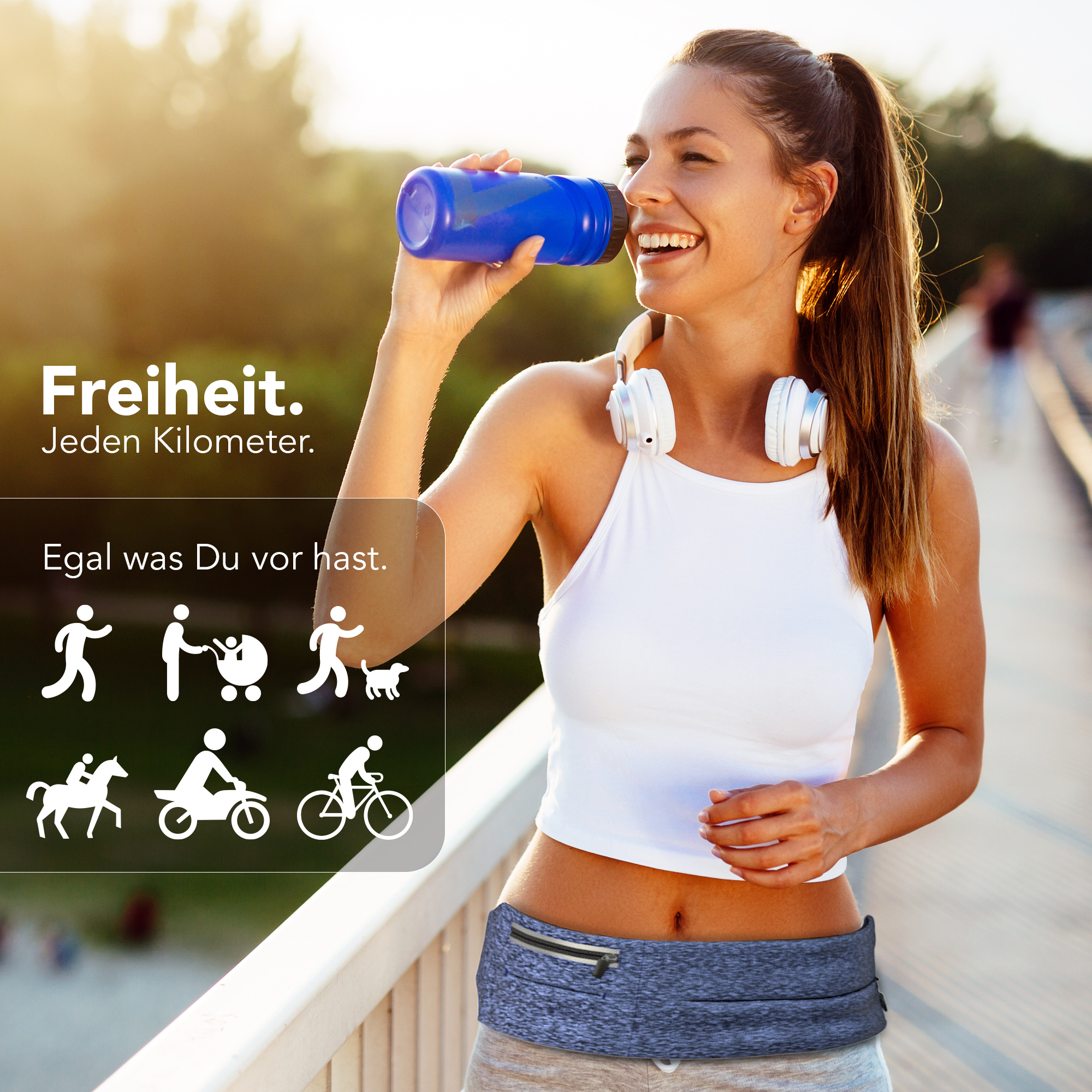 Frau trinkt aus einer blauen Wasserflasche. Verschiedene Aktivitäts-Icons links.