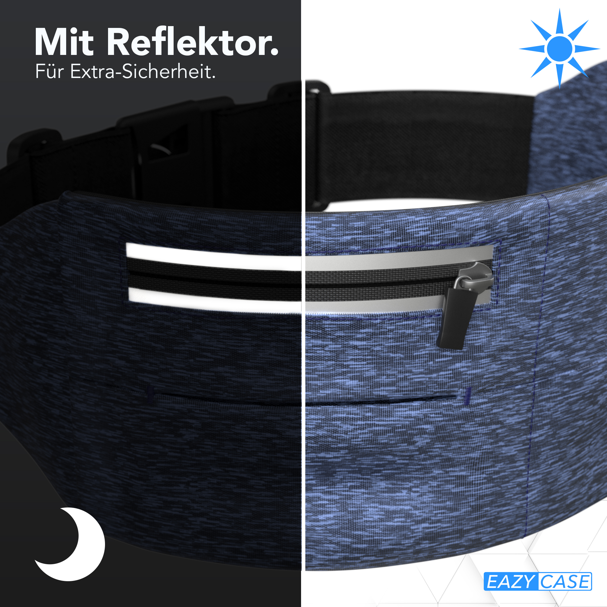 Blauer Laufgürtel mit Reißverschluss und Reflexstreifen. Die linke Seite zeigt eine Nachtansicht mit Mond.