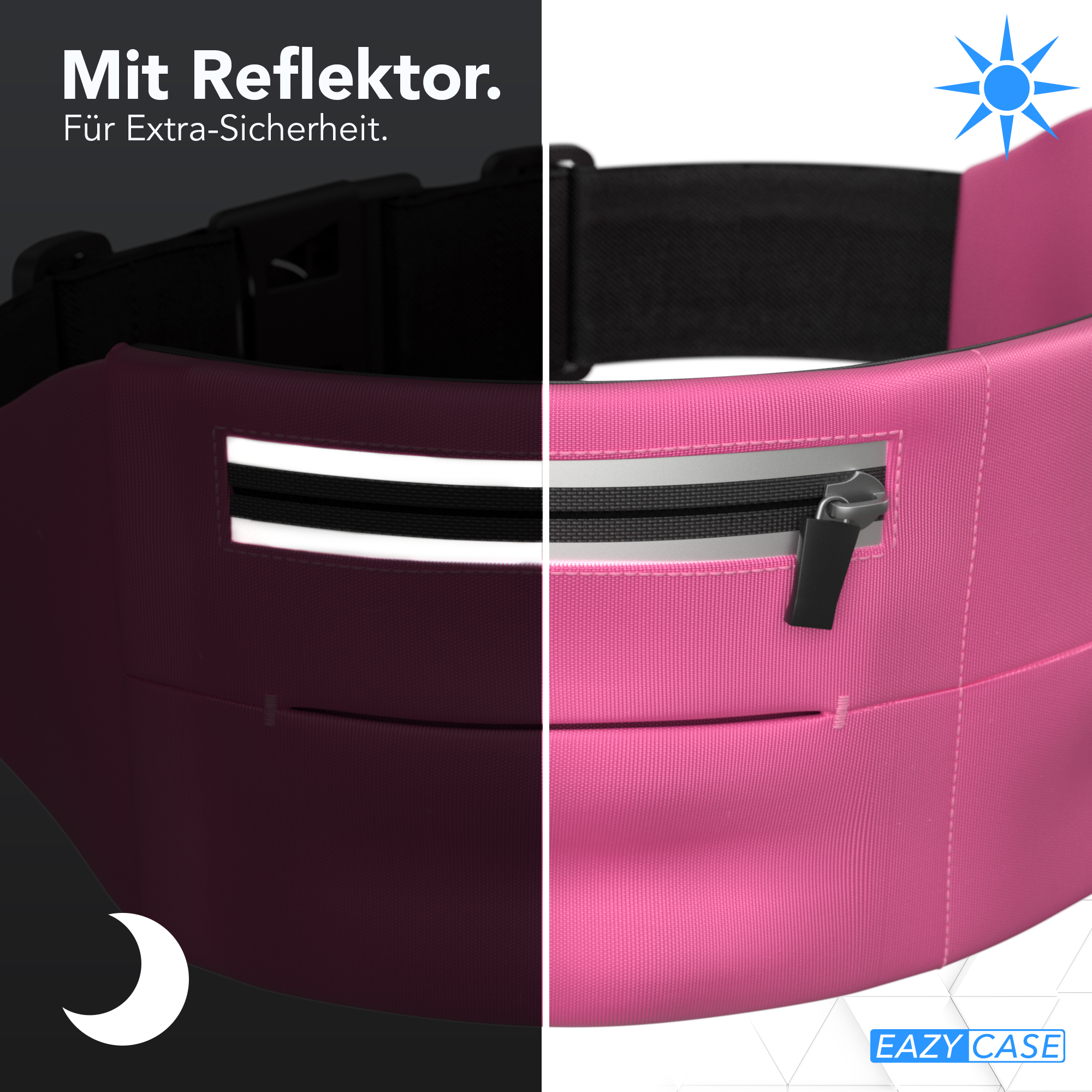 Pinker, reflektierender Hüftgurt. Zeigt Tag- und Nachtreflexion. Mit Reißverschluss.