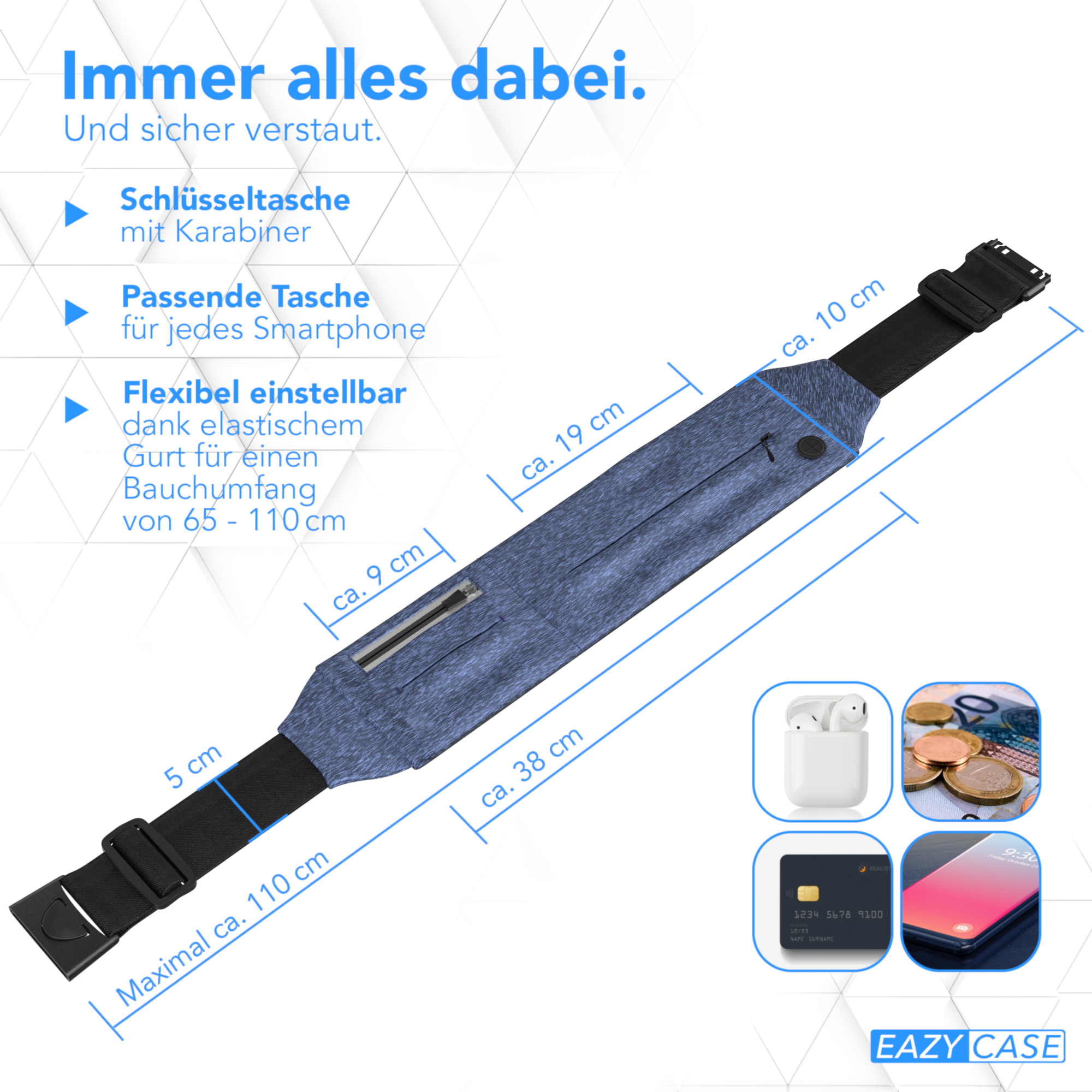 Ein blauer Hüftgurt mit Taschen, Abmessungen und Gegenständen wie Telefon, Karten und Ohrhörern.