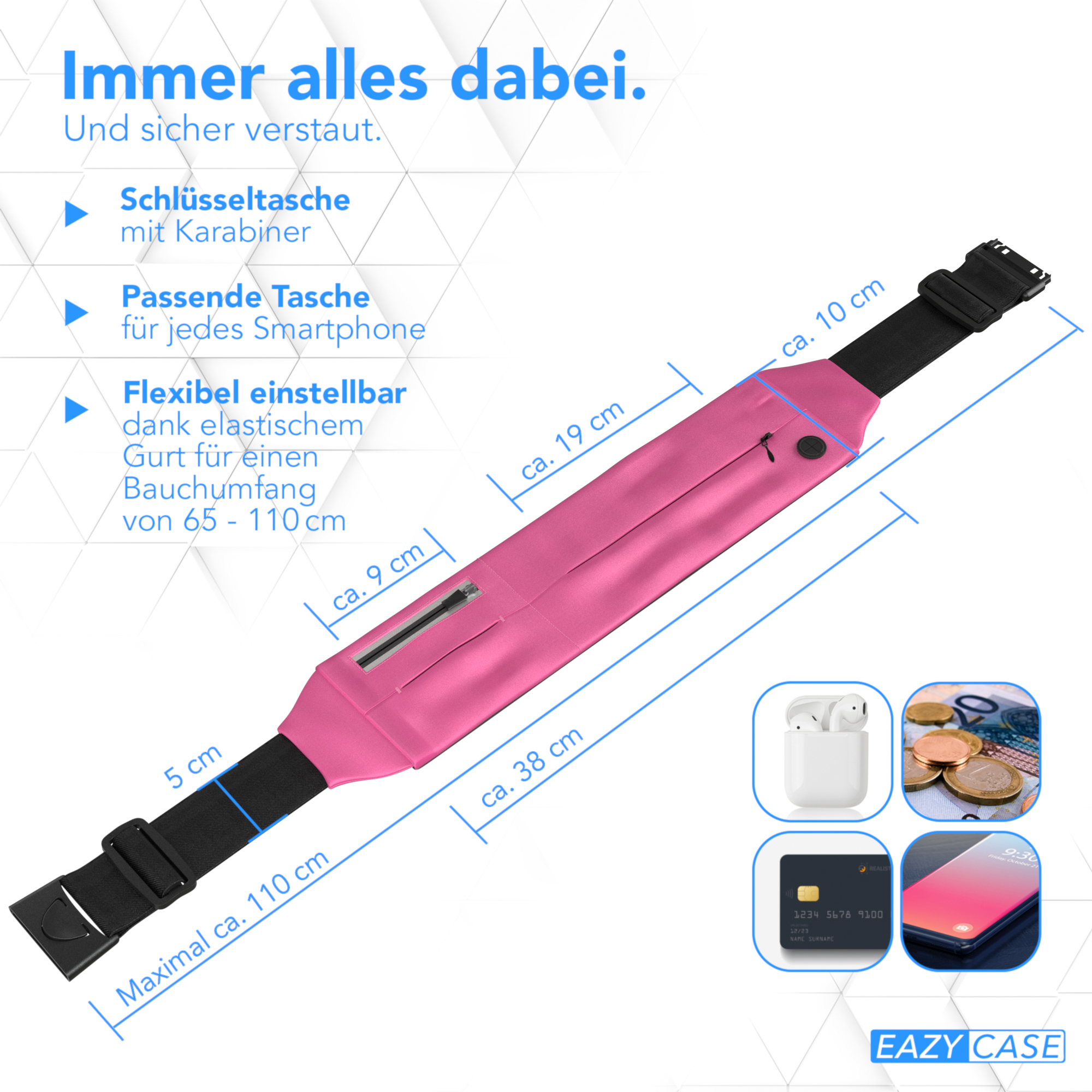 Pinke Bauchtasche mit verschiedenen Gegenständen, einschließlich Telefon und Karte.