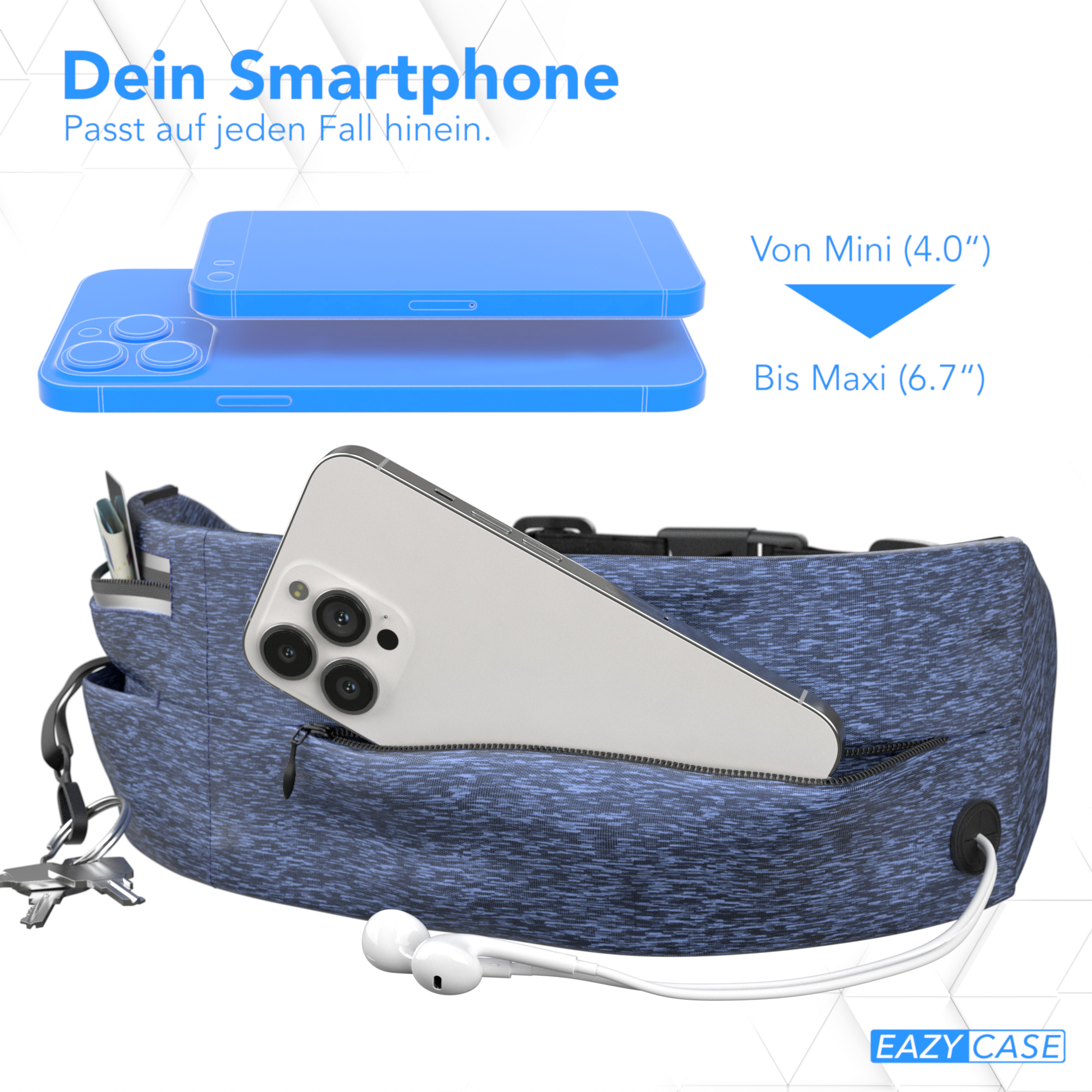 Blaue Handytasche mit Telefon, neben weißen Ohrhörern.