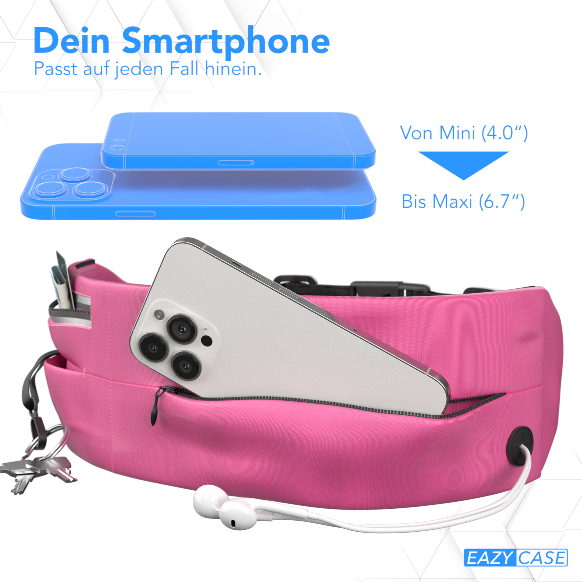 Rosa Bauchtasche mit Telefon, Ohrhörern und Schlüsseln. Telefone sind blau und weiß.