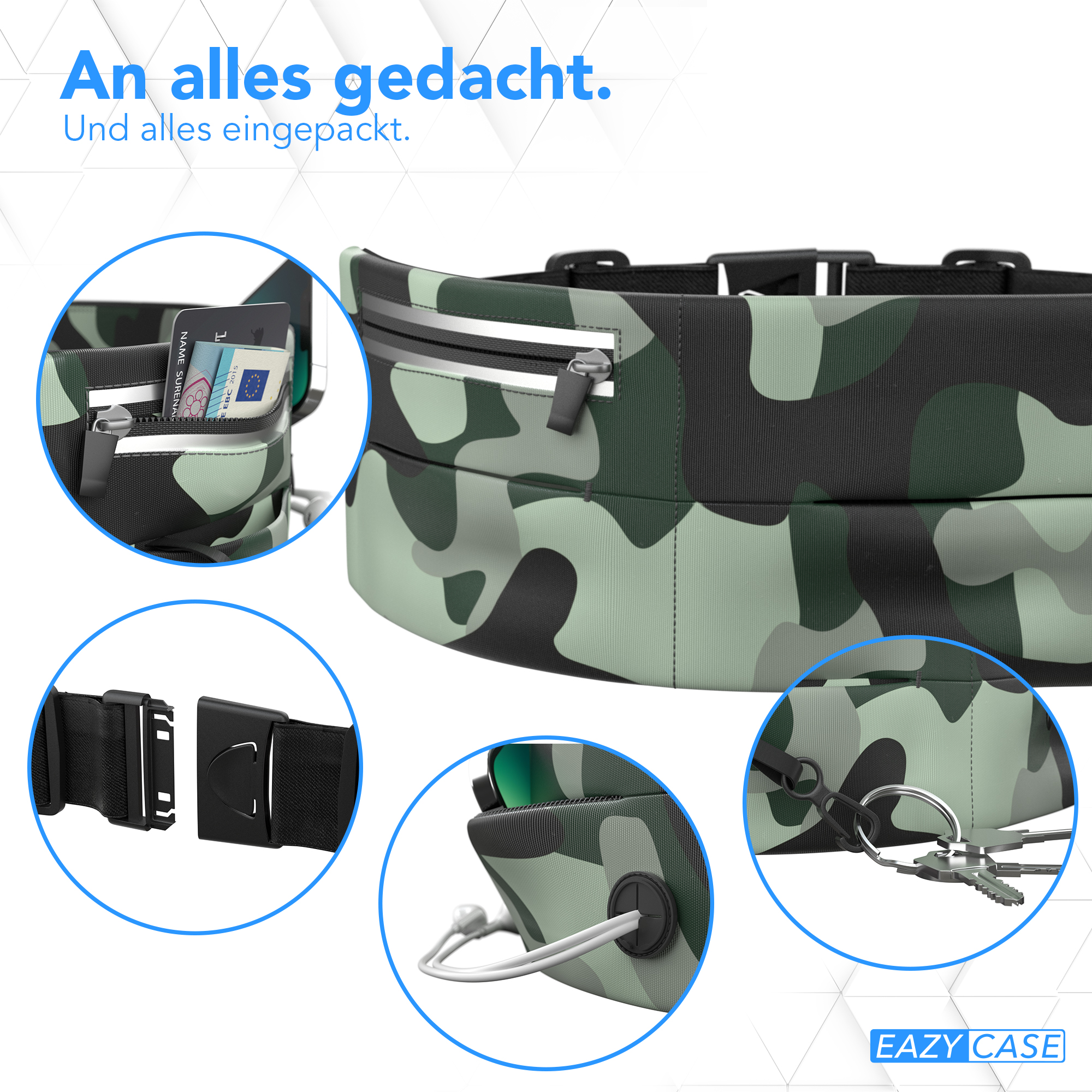 Tarnmuster-Bauchtasche mit Reißverschlüssen, Schlüsselring und Schnalle.