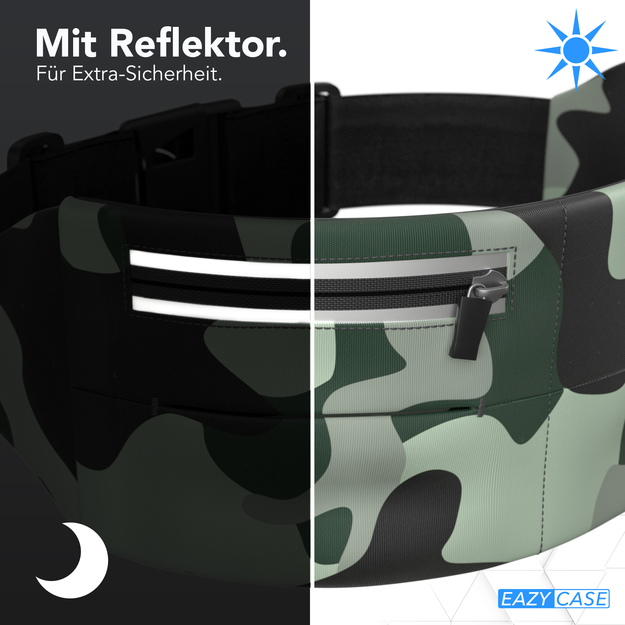 Camouflage-Bauchtasche, reflektierender Streifen. Hell- und dunkelgrünes Muster. Sonnen- und Mond-Symbole.