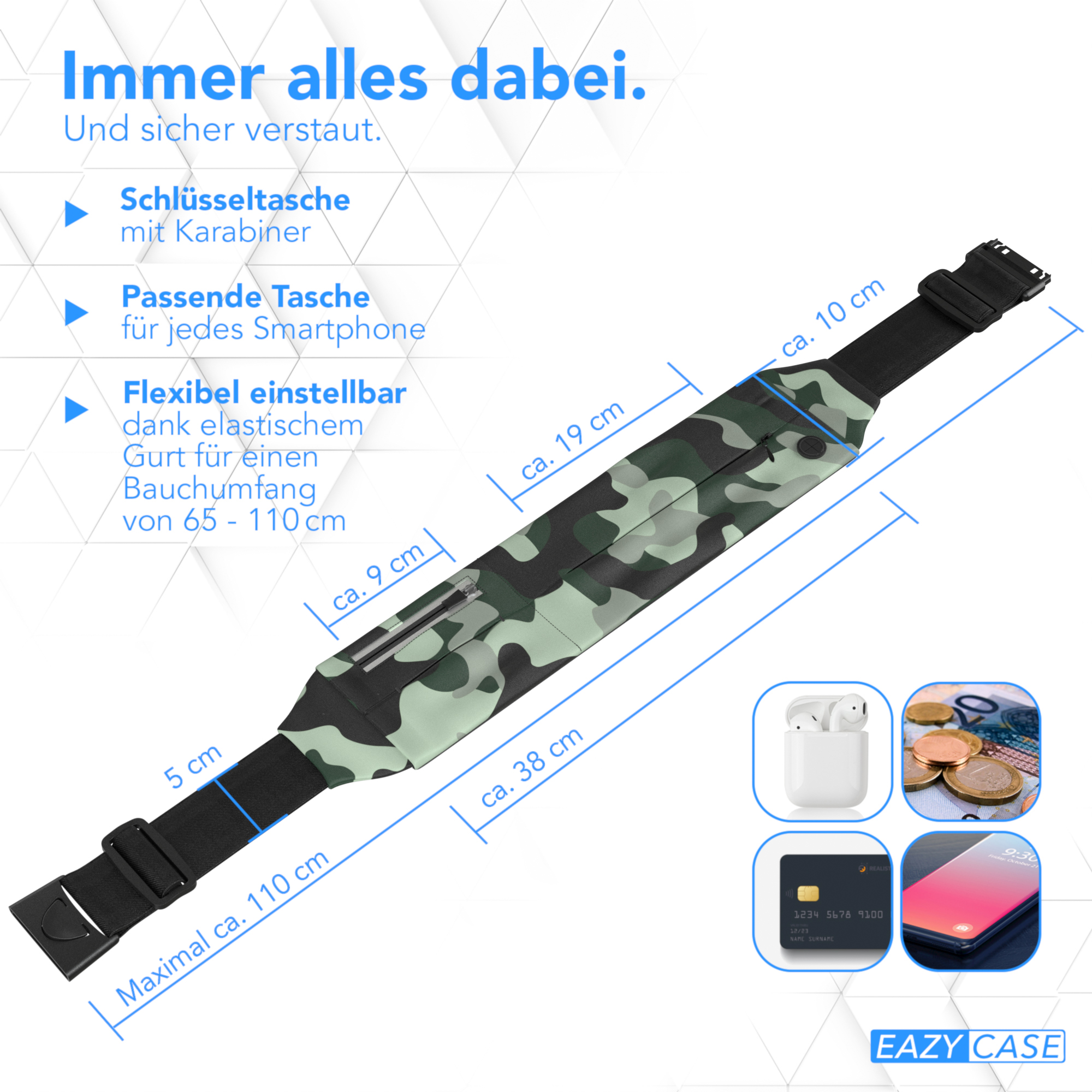 Camouflage-Bauchtasche mit Abmessungen und Beispielen für Gegenstände, die sie halten kann.