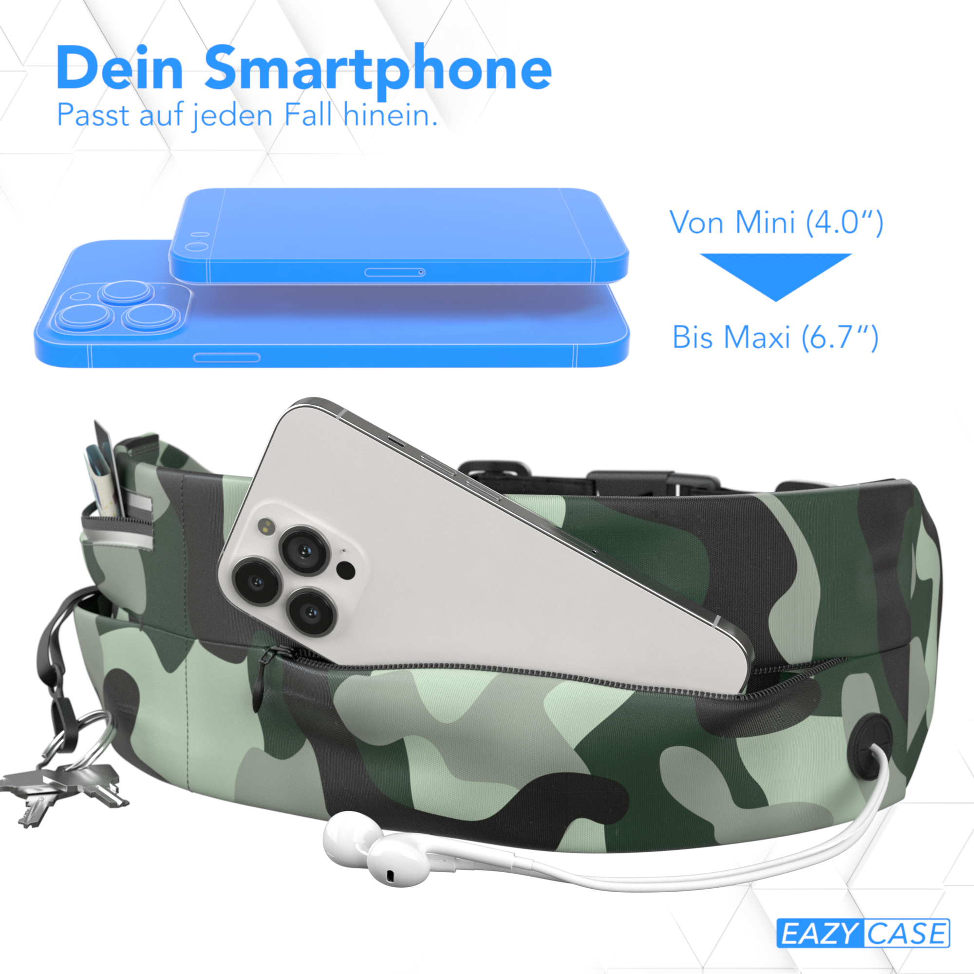 Eine Gürteltasche mit Telefon und Ohrhörern. Der Text lautet 'Dein Smartphone' und Telefongrößen.