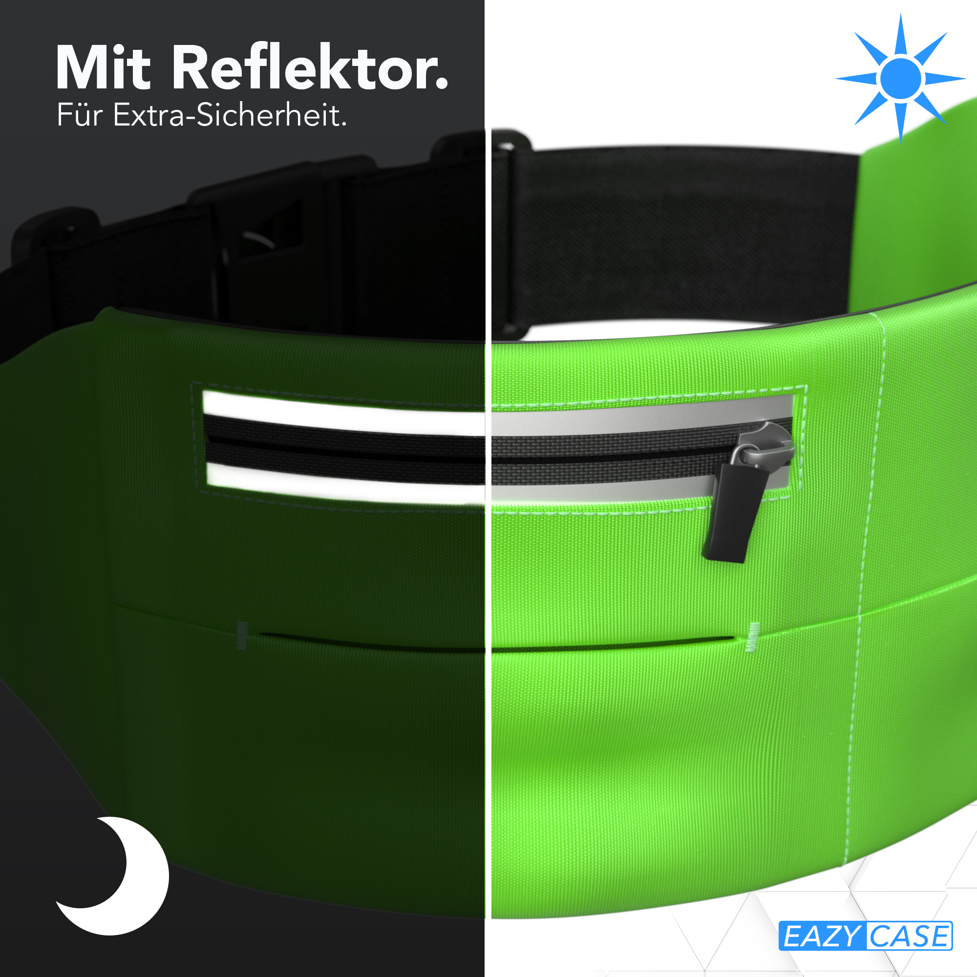 Grüne Bauchtasche mit Reflektorstreifen und Reißverschluss. Nacht- und Tag-Kontrast.
