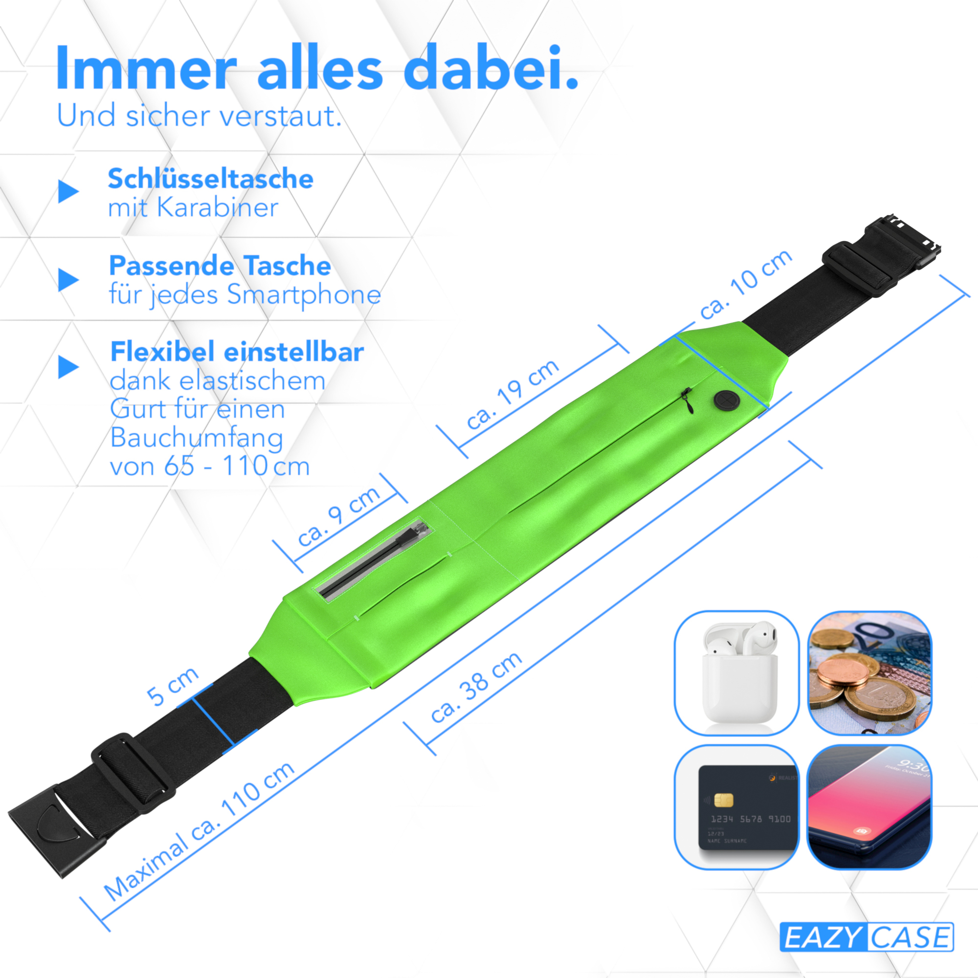 Grüne Bauchtasche mit Maßen, Kreditkarte, Telefon und Ohrhörer werden gezeigt.