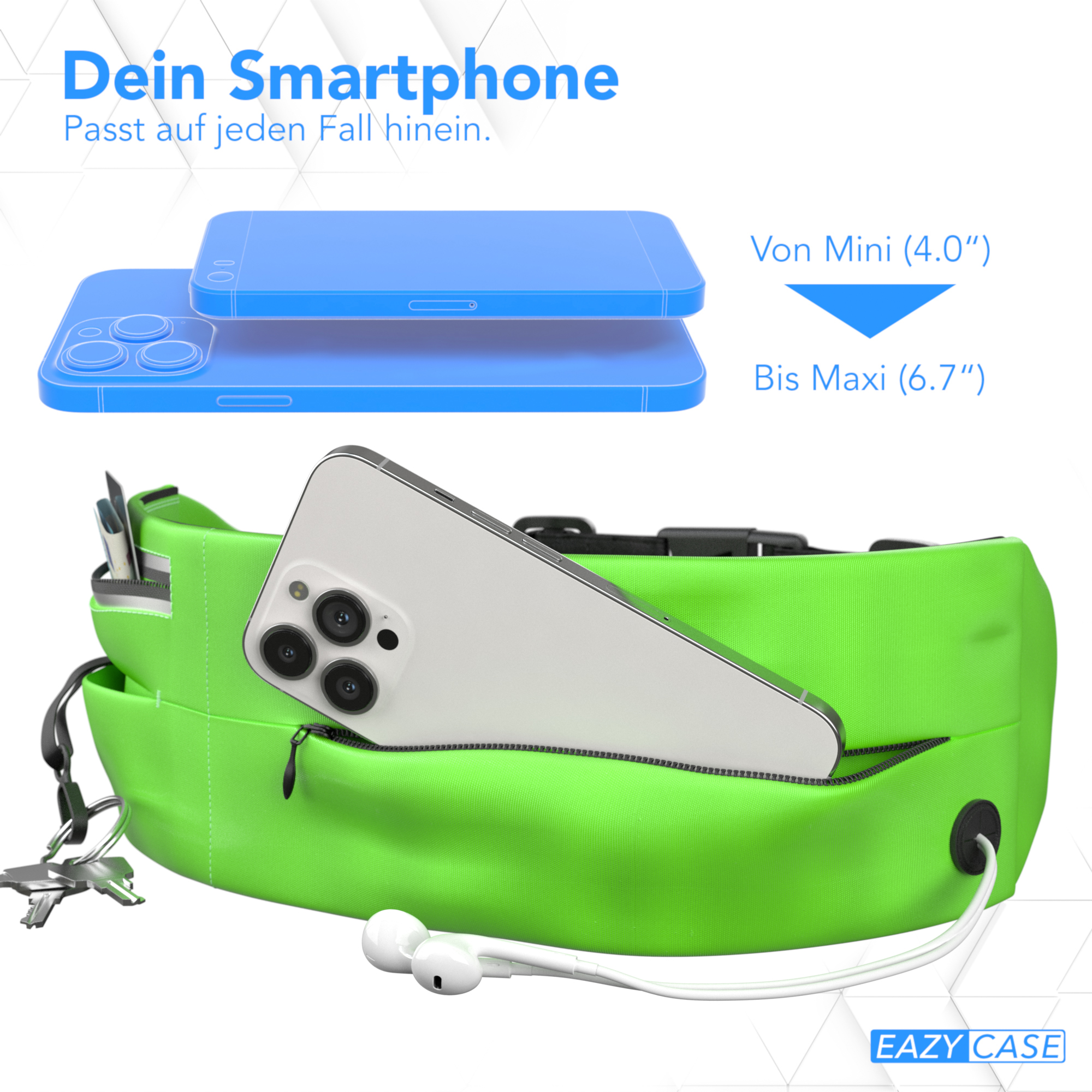 Eine grüne Bauchtasche mit Telefon und anderen Gegenständen. Das Telefon ist weiss. Hintergrund zeigt eine blaue Telefonlinie.