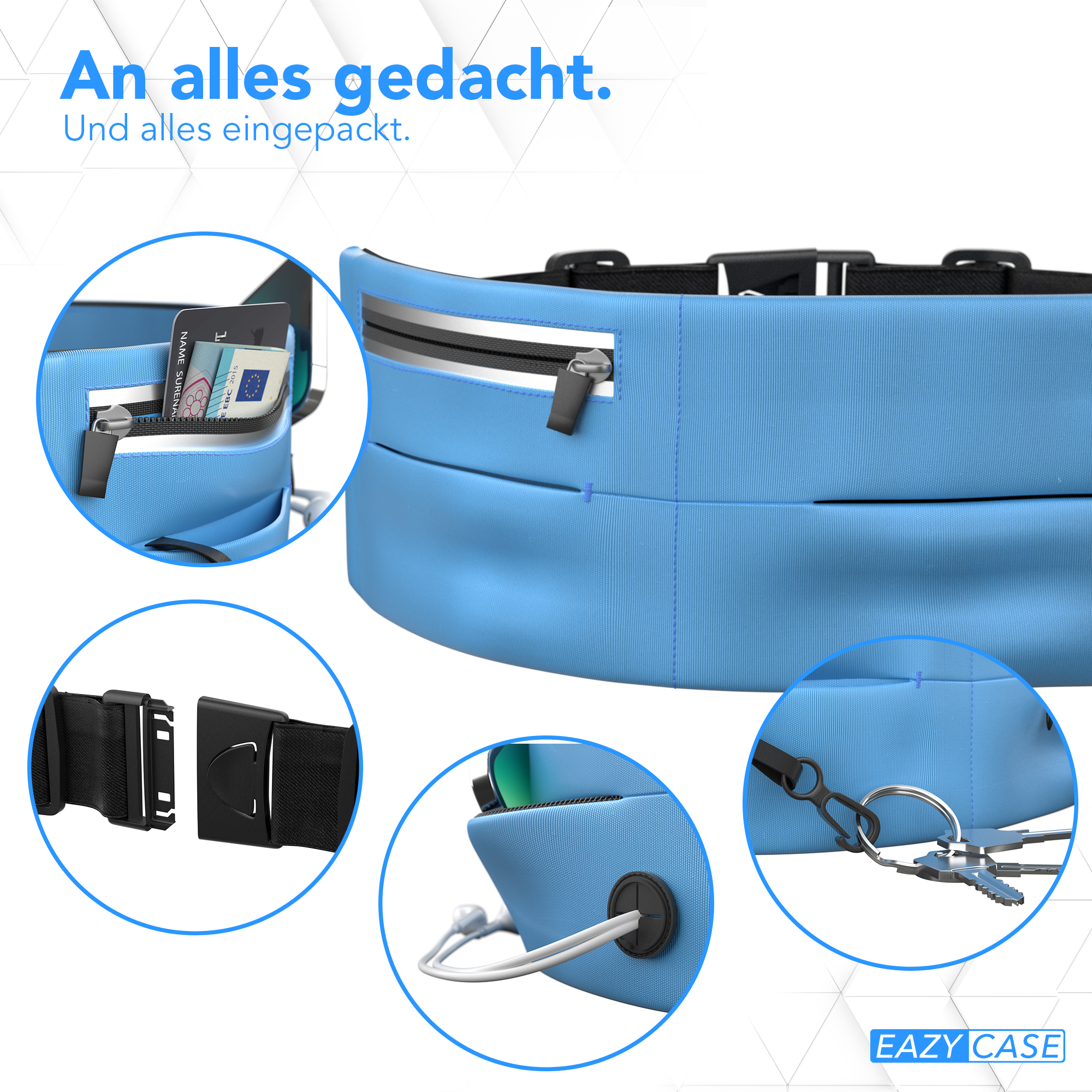 Blaue Bauchtasche mit mehreren Fächern, zeigt Details wie Reißverschluss und Schnalle.