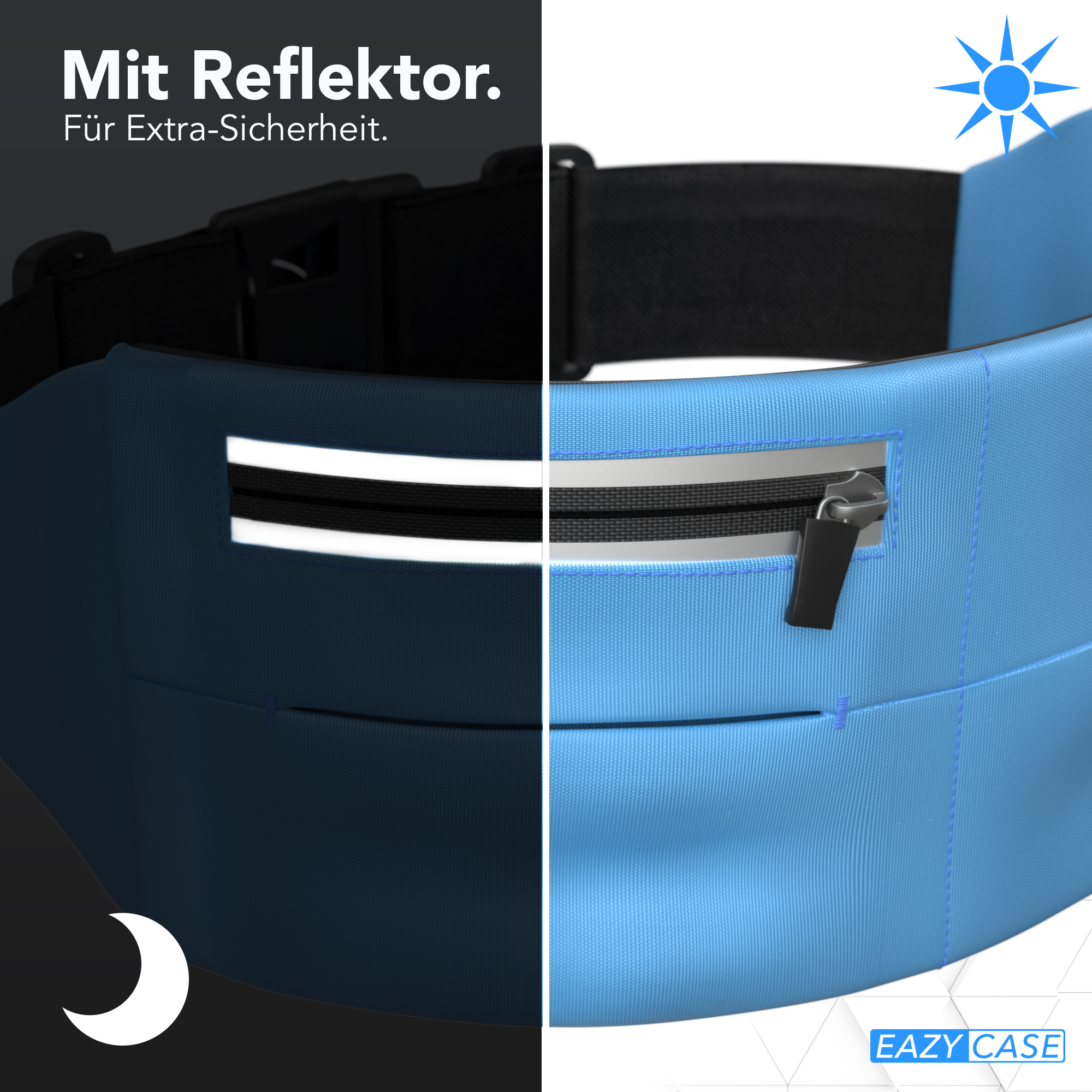 Blauer Laufgürtel mit Reißverschluss, Reflexstreifen und einem Sonnensymbol.