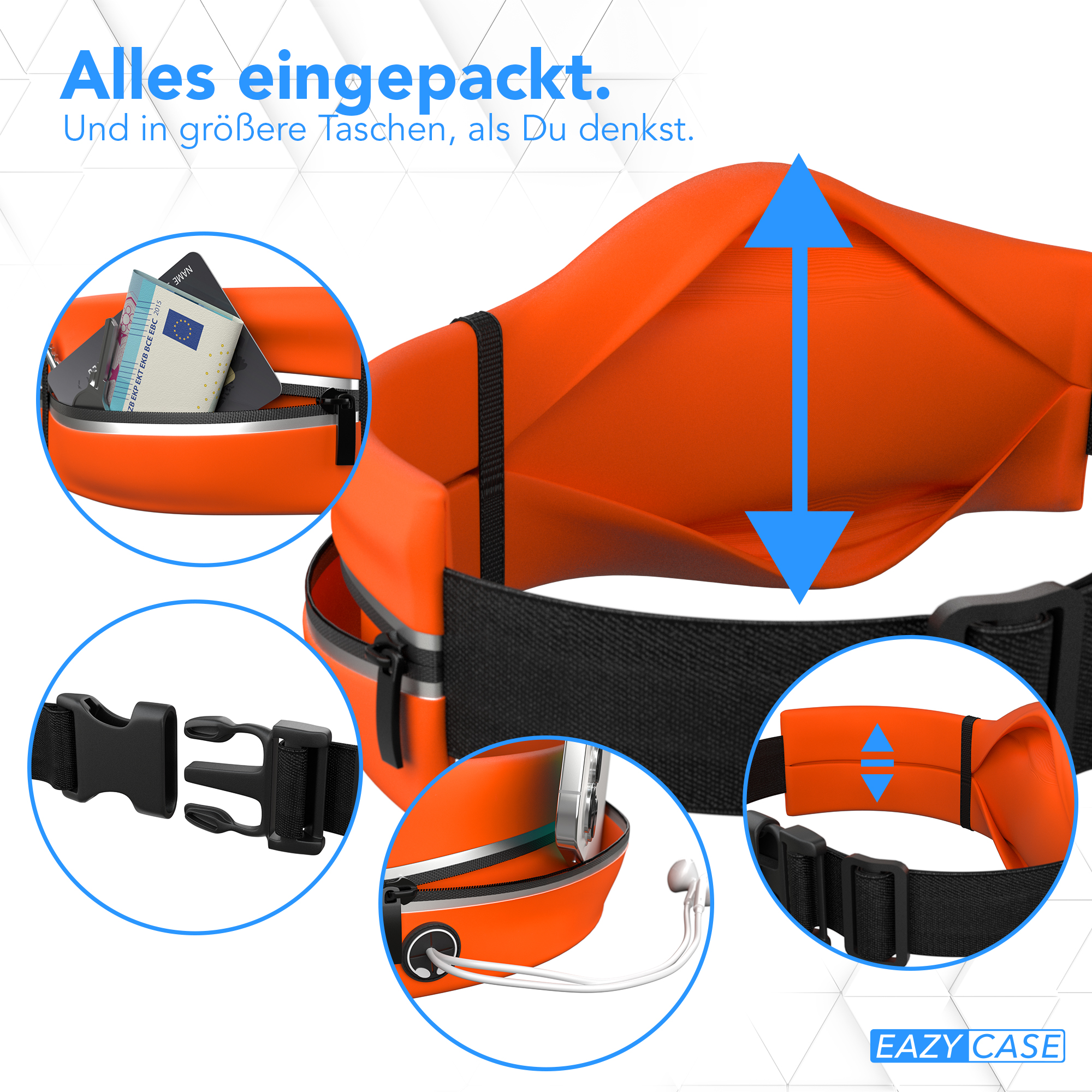 Nahaufnahme einer orangefarbenen Bauchtasche mit Fächern, Schnalle und geöffneter Reißverschlusstasche.