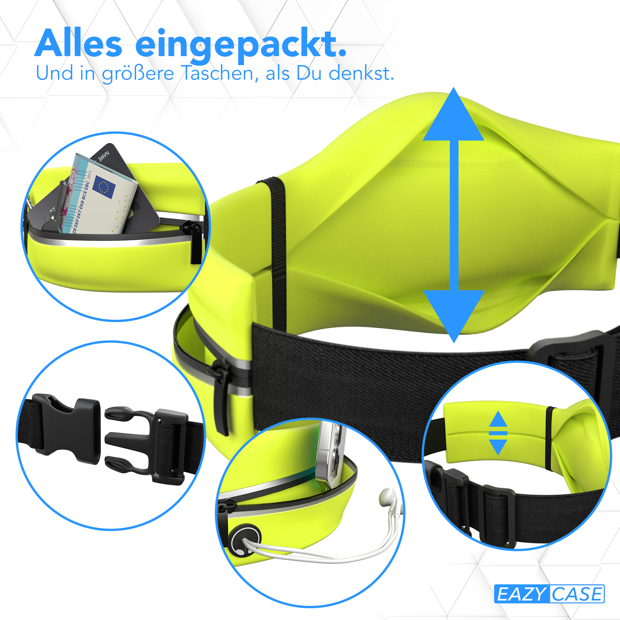 Eine neongelbe Bauchtasche mit schwarzen Trägern, geöffnet, um den Inhalt zu zeigen, und Nahaufnahmen.