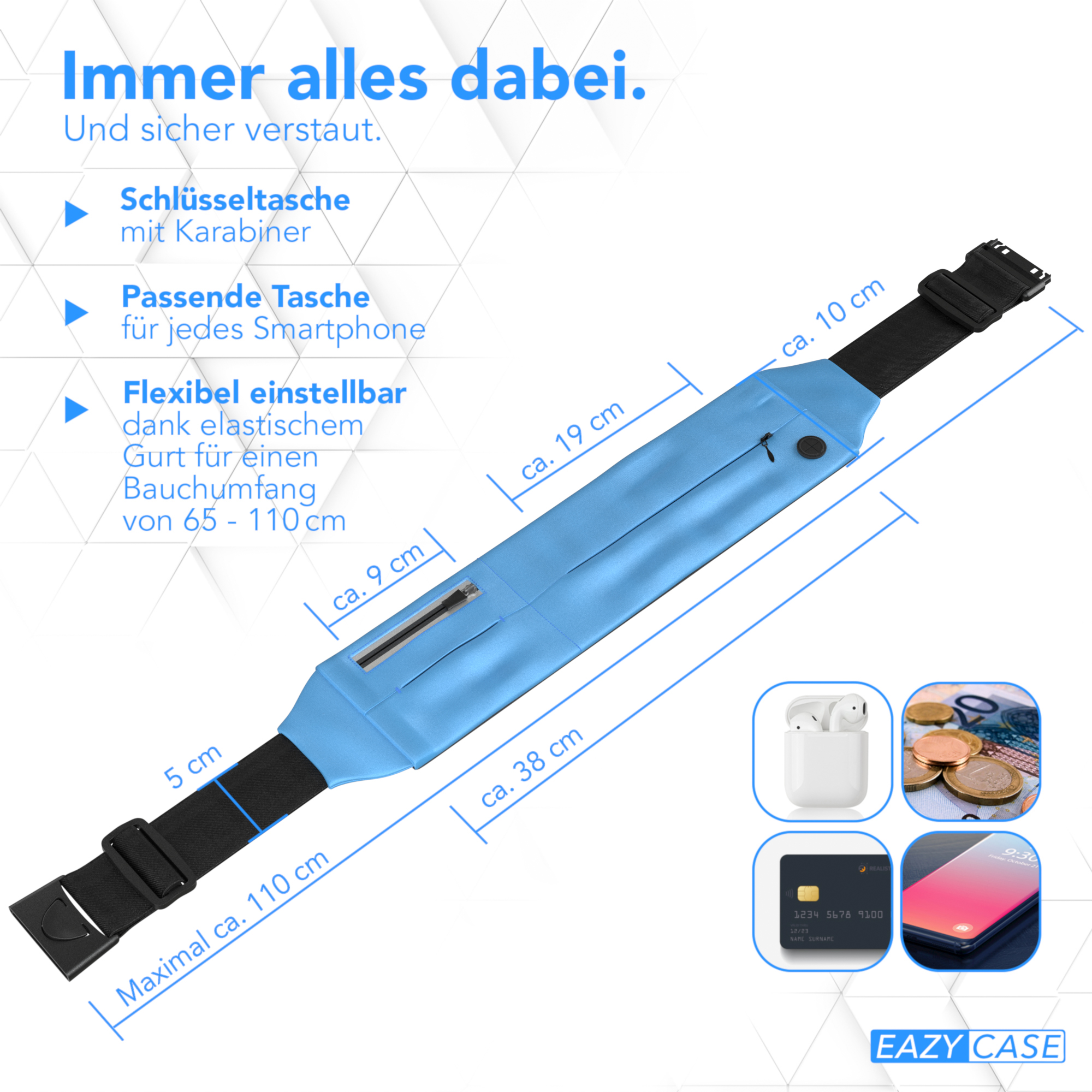 Blaue Bauchtasche mit Maßen und Gegenständen wie AirPods und Geld.