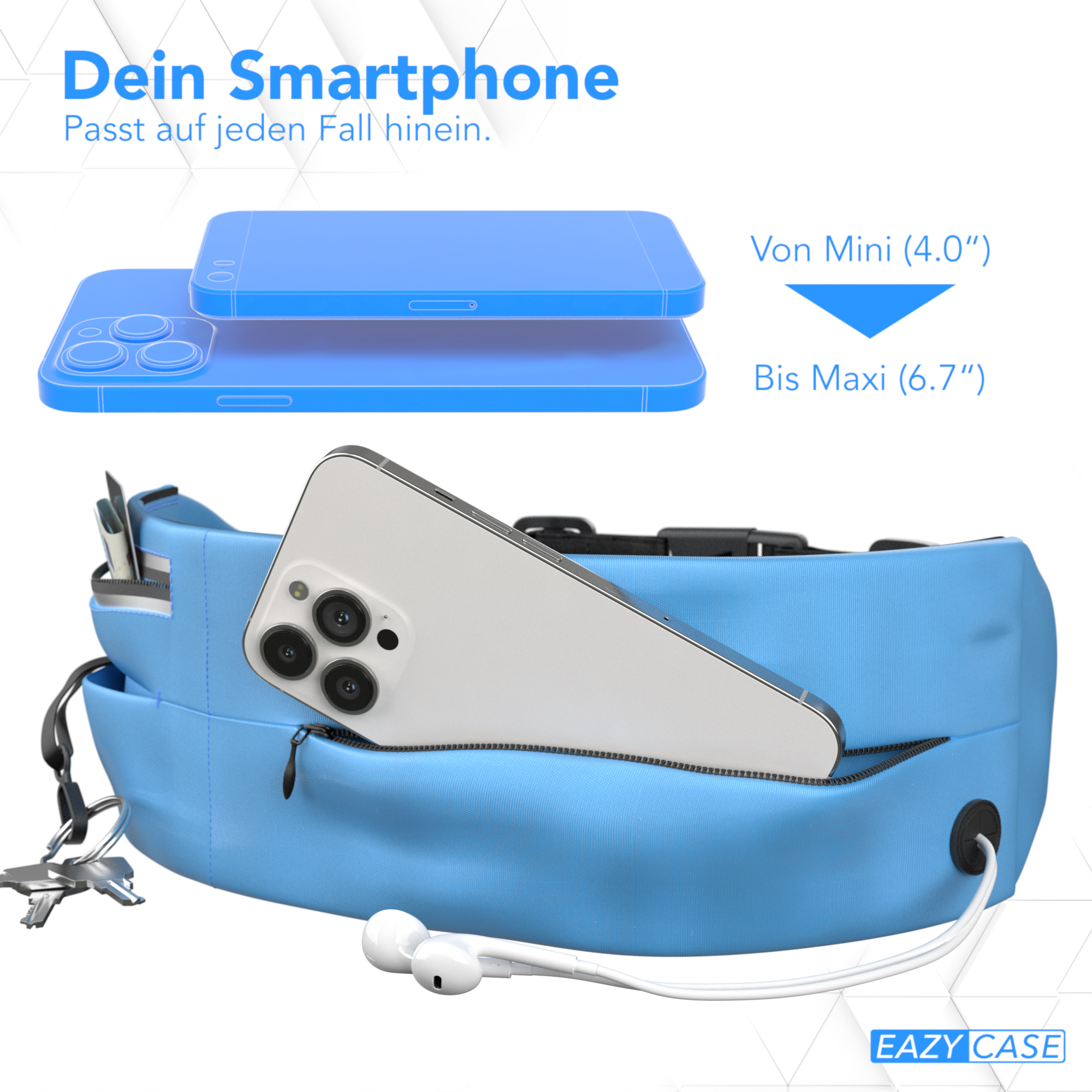 Eine blaue Bauchtasche mit einem Telefon darin, zeigt Größenvergleich. Weißer Hintergrund.