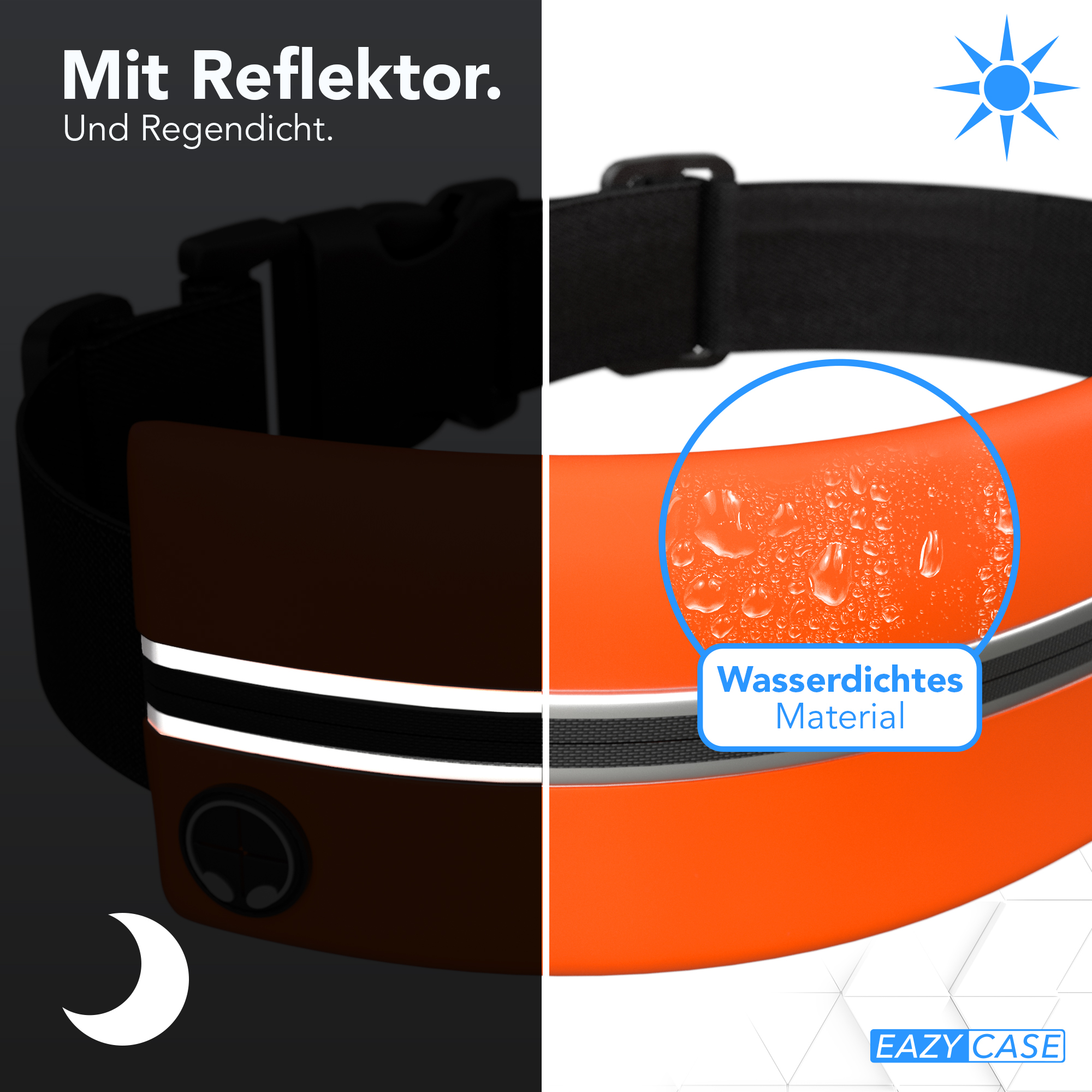 Halsband in zwei Ansichten, zeigt reflektierendes Material und wasserdichtes Material. Sonnen- und Mondsymbole vorhanden.