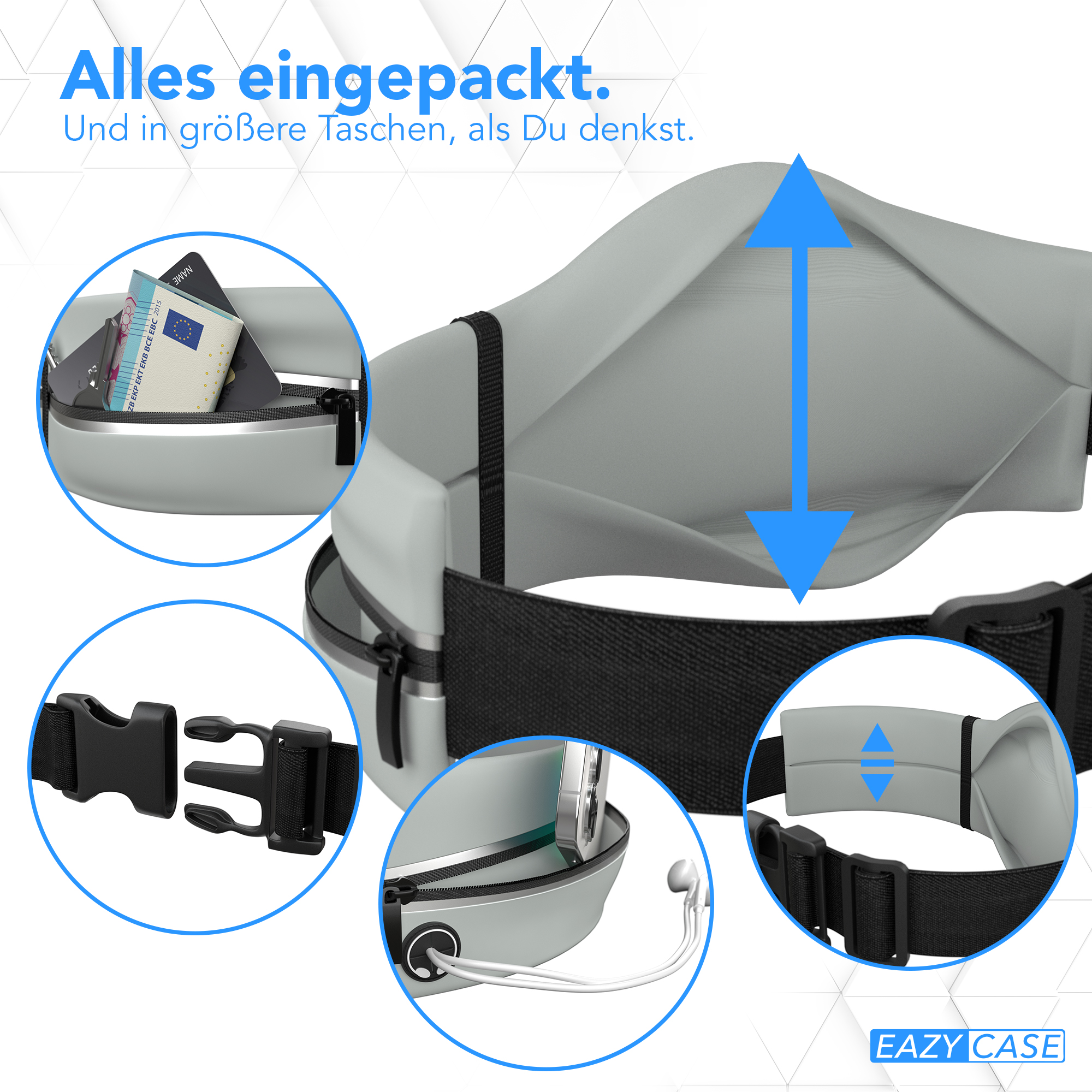 Geöffnete graue Bauchtasche mit Details von Fächern, Verschlüssen und einem schwarzen Gürtel. Text: 'Eazy Case'.