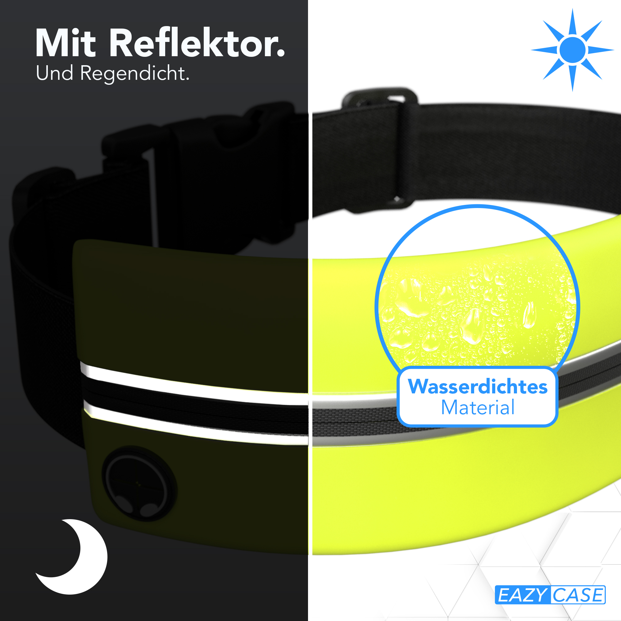 Gelber, reflektierender Laufgürtel mit schwarzem Riemen. Merkmale: wasserdichtes Material, Reflektor.