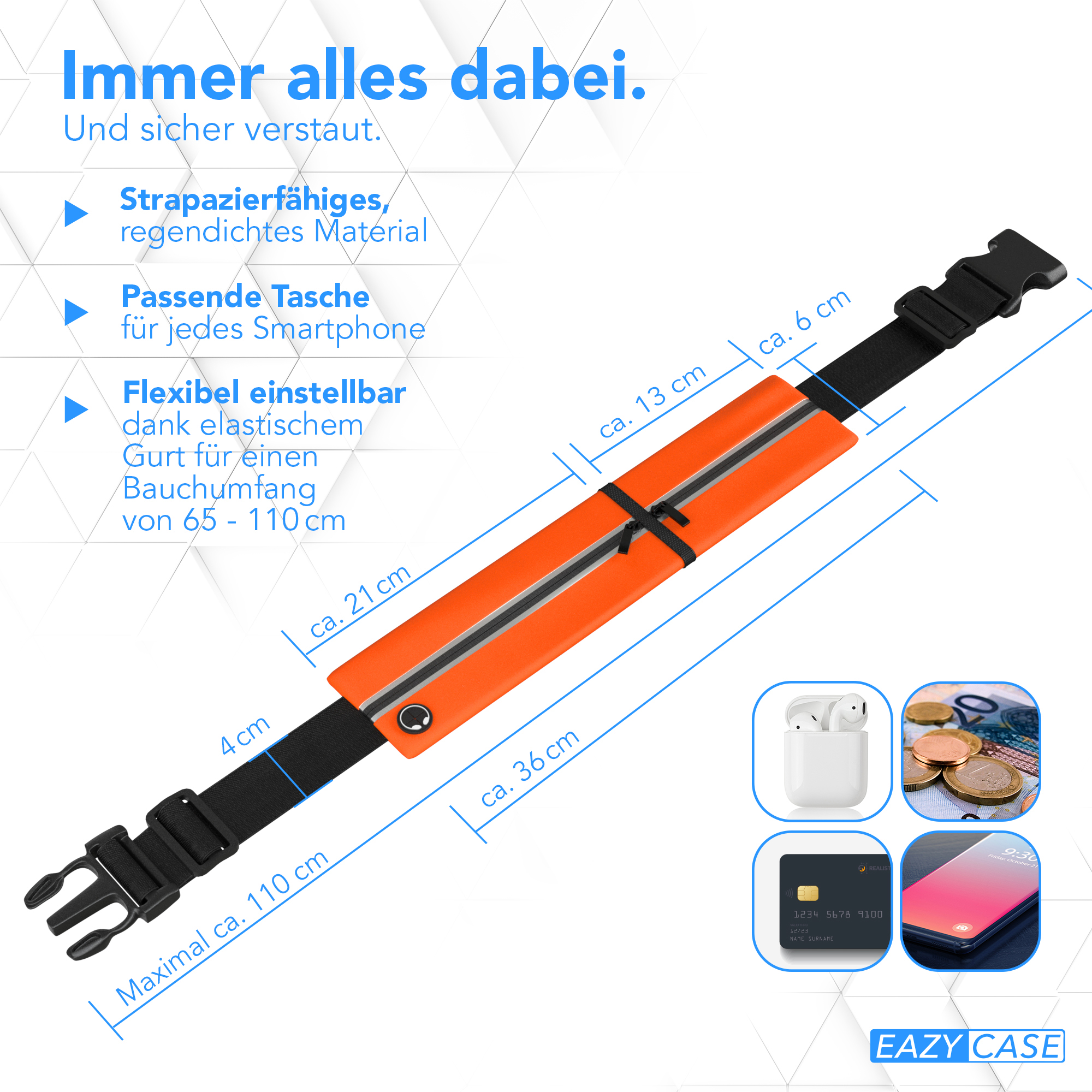 Orange-schwarze Bauchtasche mit Text und Maßen, plus Telefon, Kreditkarte und Ohrhörer.