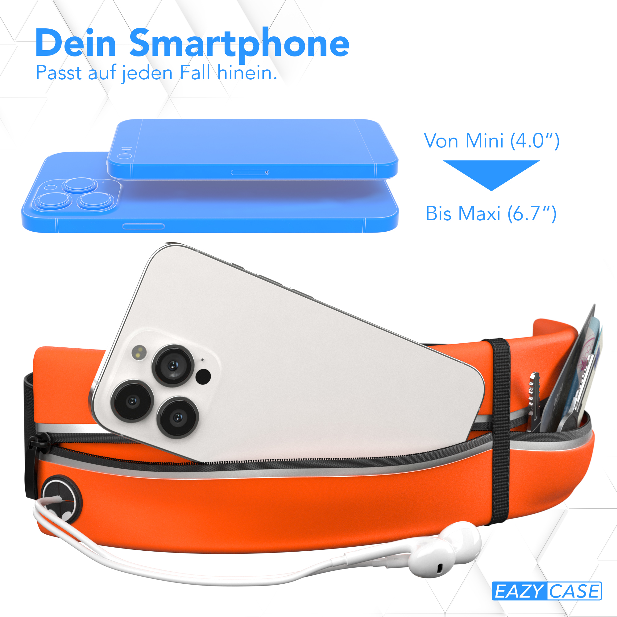Orange Bauchtasche mit weißem Telefon und Ohrhörern. Text: 'Dein Smartphone'.