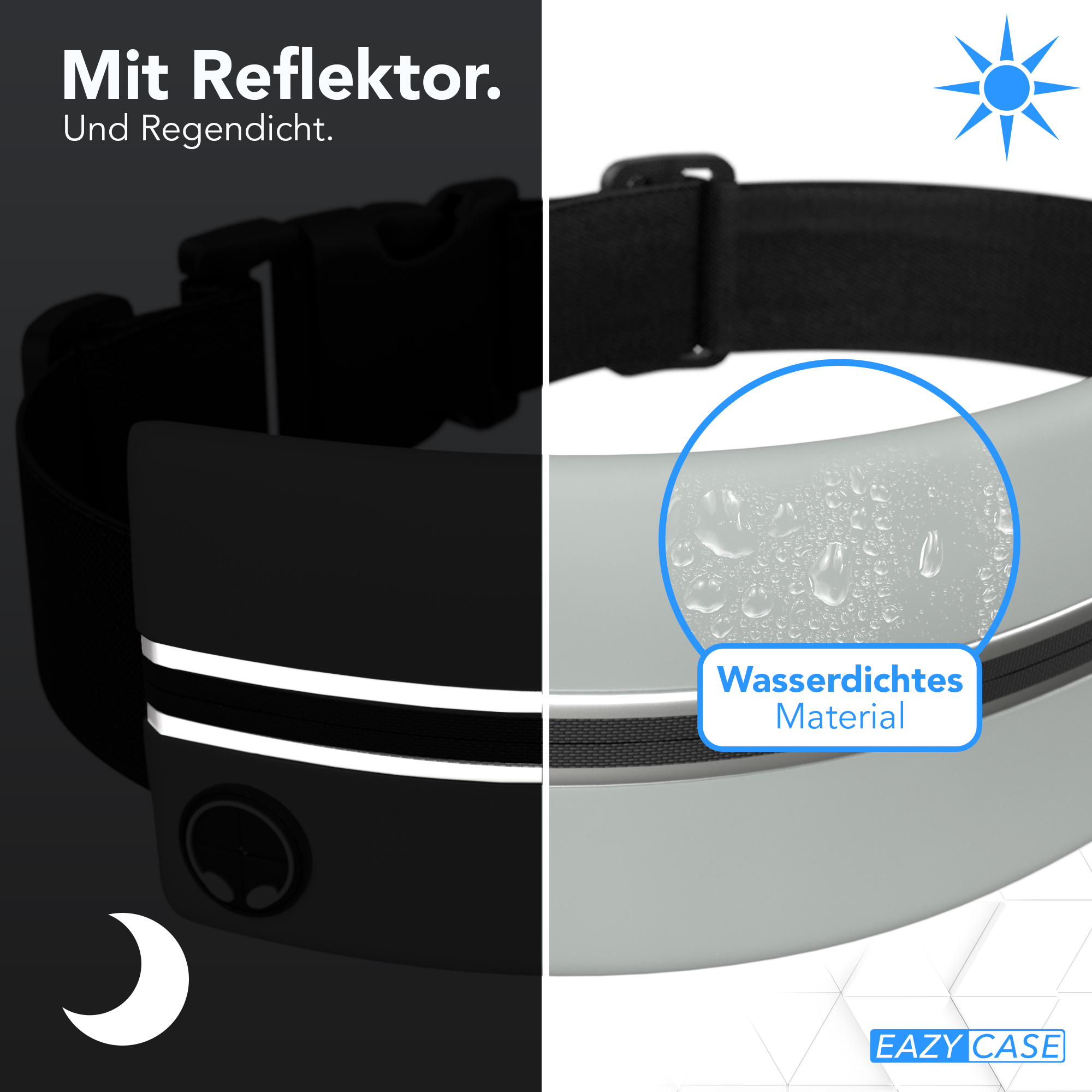 Ein Hundehalsband mit Reflektor. Die linke Seite ist dunkel, die rechte zeigt Wassertropfen.