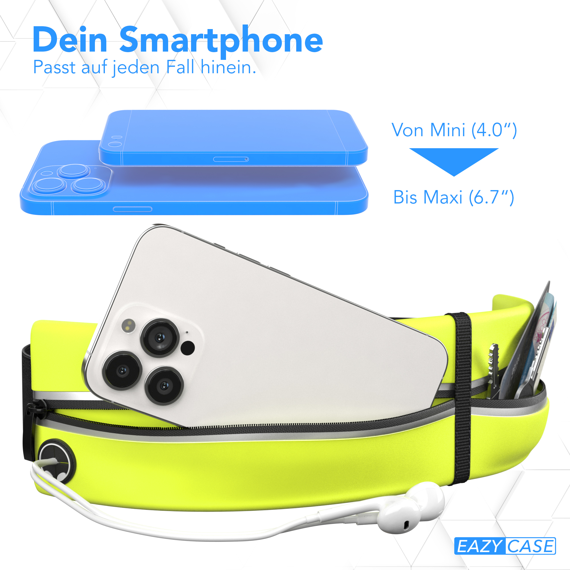 Gelber Laufgürtel mit weißem Handy und weißen Ohrhörern. Blaue Handy-Umrisse. Text: Eazy Case.