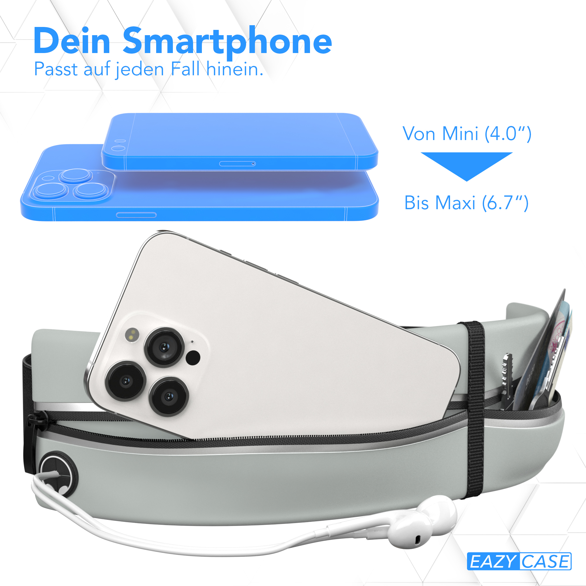 Eine graue Bauchtasche mit weißen Kopfhörern neben zwei blauen Telefonen auf weißem Hintergrund.