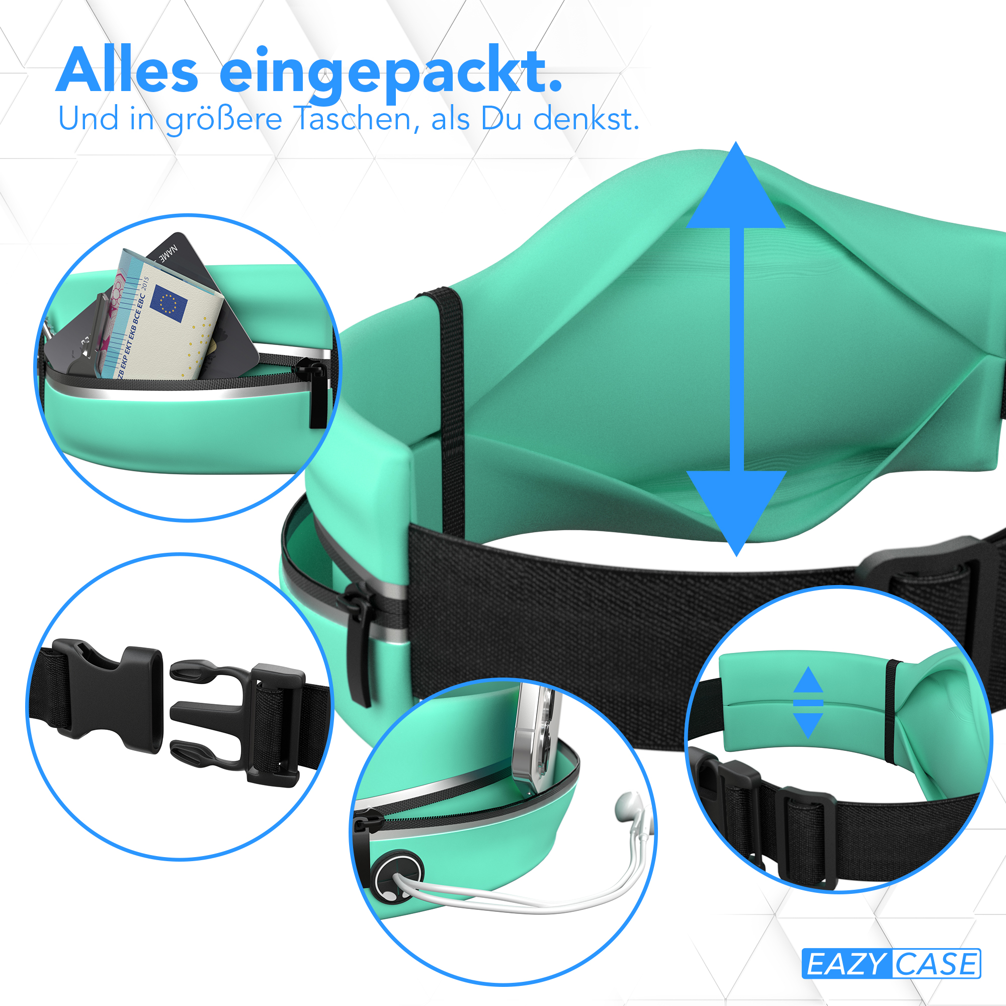 Mintgrüne Bauchtasche mit mehreren Fächern und schwarzem Riemen, weißer Hintergrund.